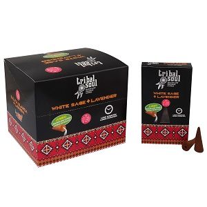 Backflow incense cones scented with white sage and lavender, designed to create a flowing smoke waterfall effect.