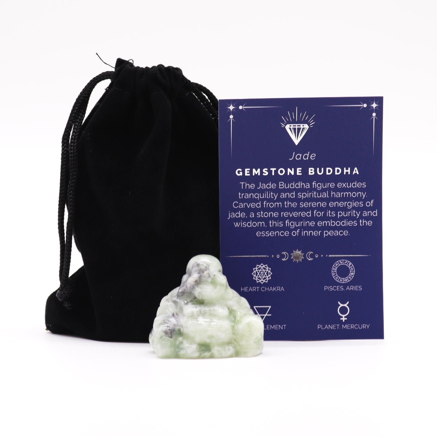 Small hand-carved green jade gemstone Buddha figurine in a seated meditative pose.