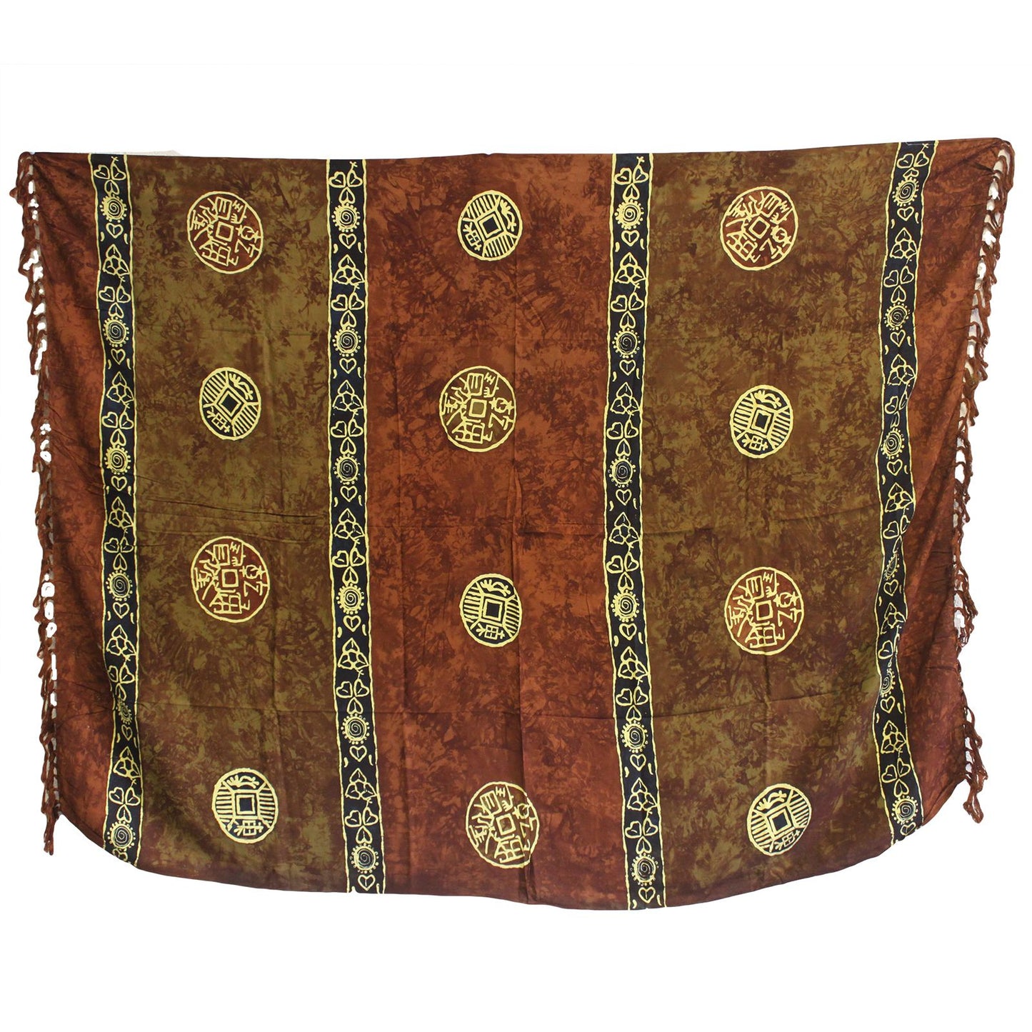 Large brown sarong with a Celtic inspired lucky coins pattern and decorative fringed edges.