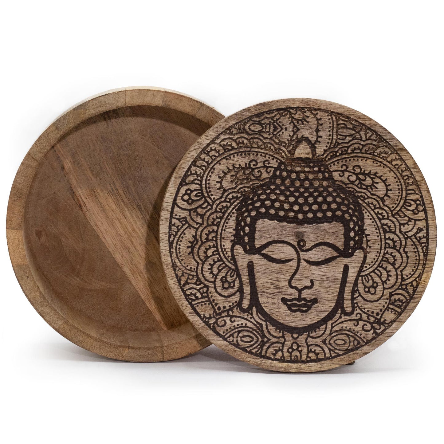 Large round black wooden box featuring an intricately engraved Buddha face on the lid.
