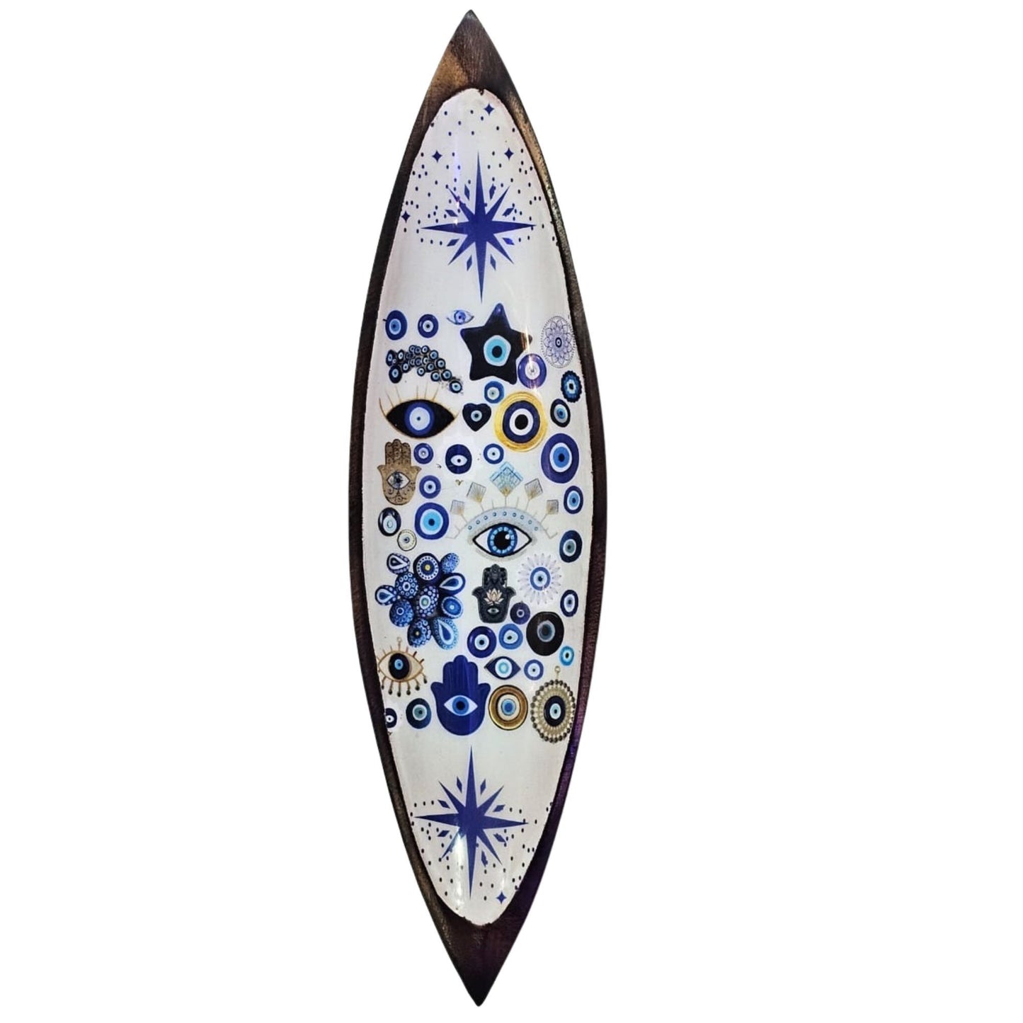 Handcrafted mango wood incense bowl featuring a vibrant blue and white enamel Evil Eye design on a smooth inner surface.