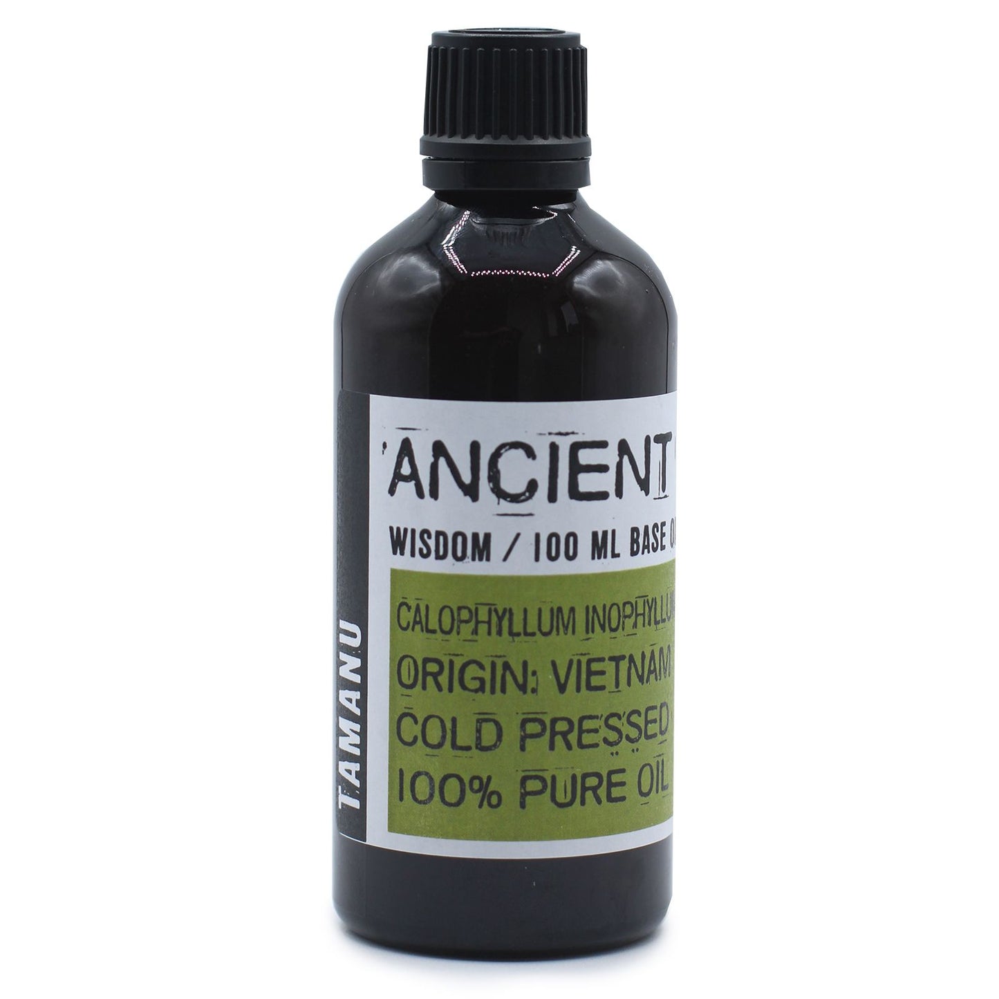 A 100ml bottle of dark, rich tamanu oil, known for its deep earthy scent and skin-healing properties.
