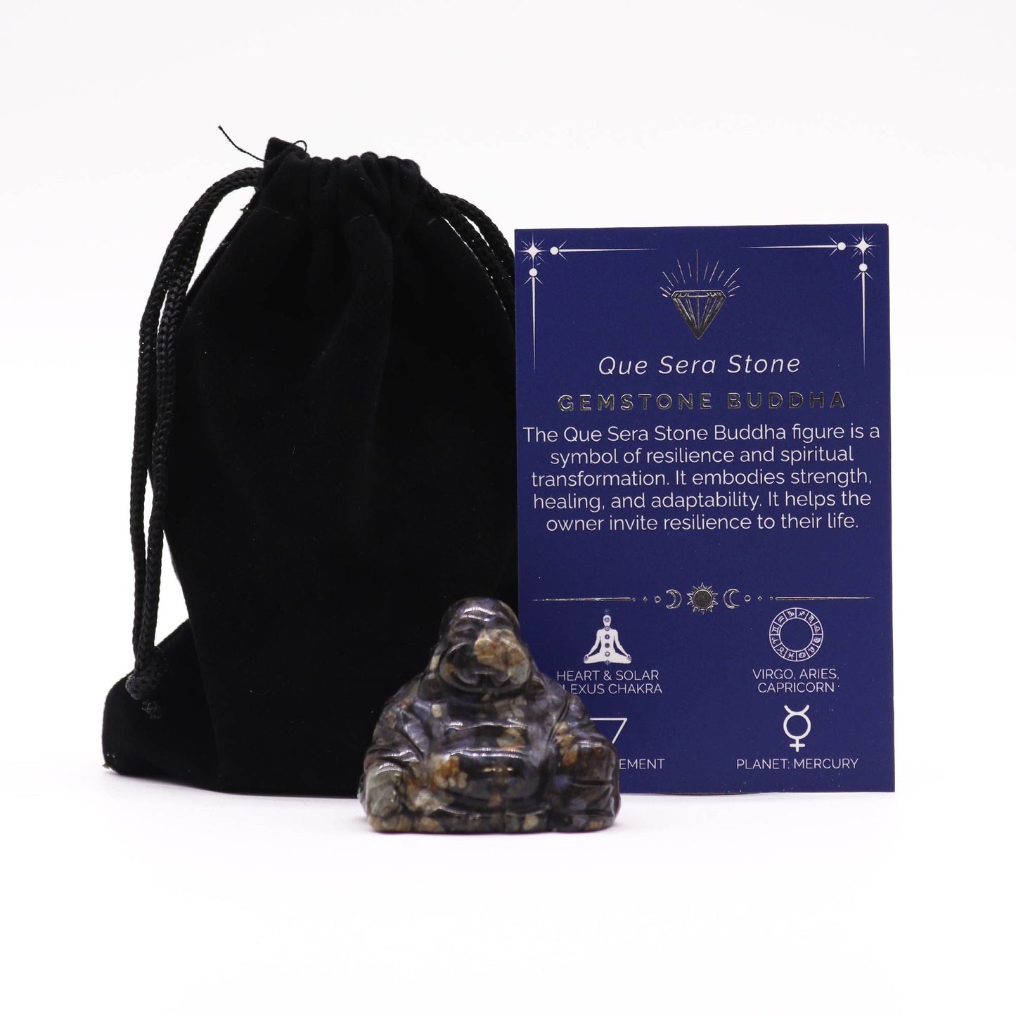 A small, hand-carved Buddha figurine made from speckled blue and grey Que Sera gemstone.