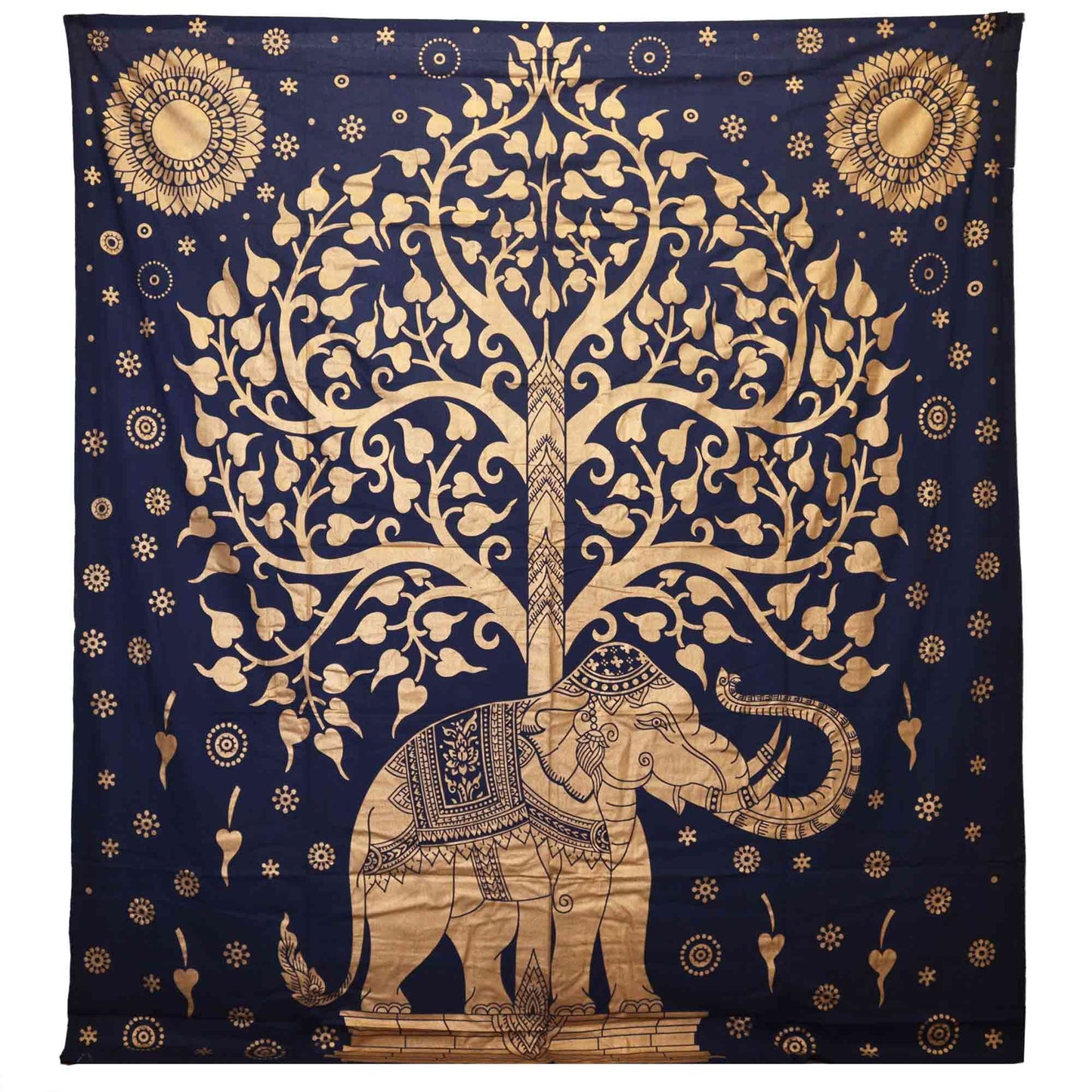 Intricate blue and gold cotton bedspread featuring a central tree of life design surrounded by majestic elephants.