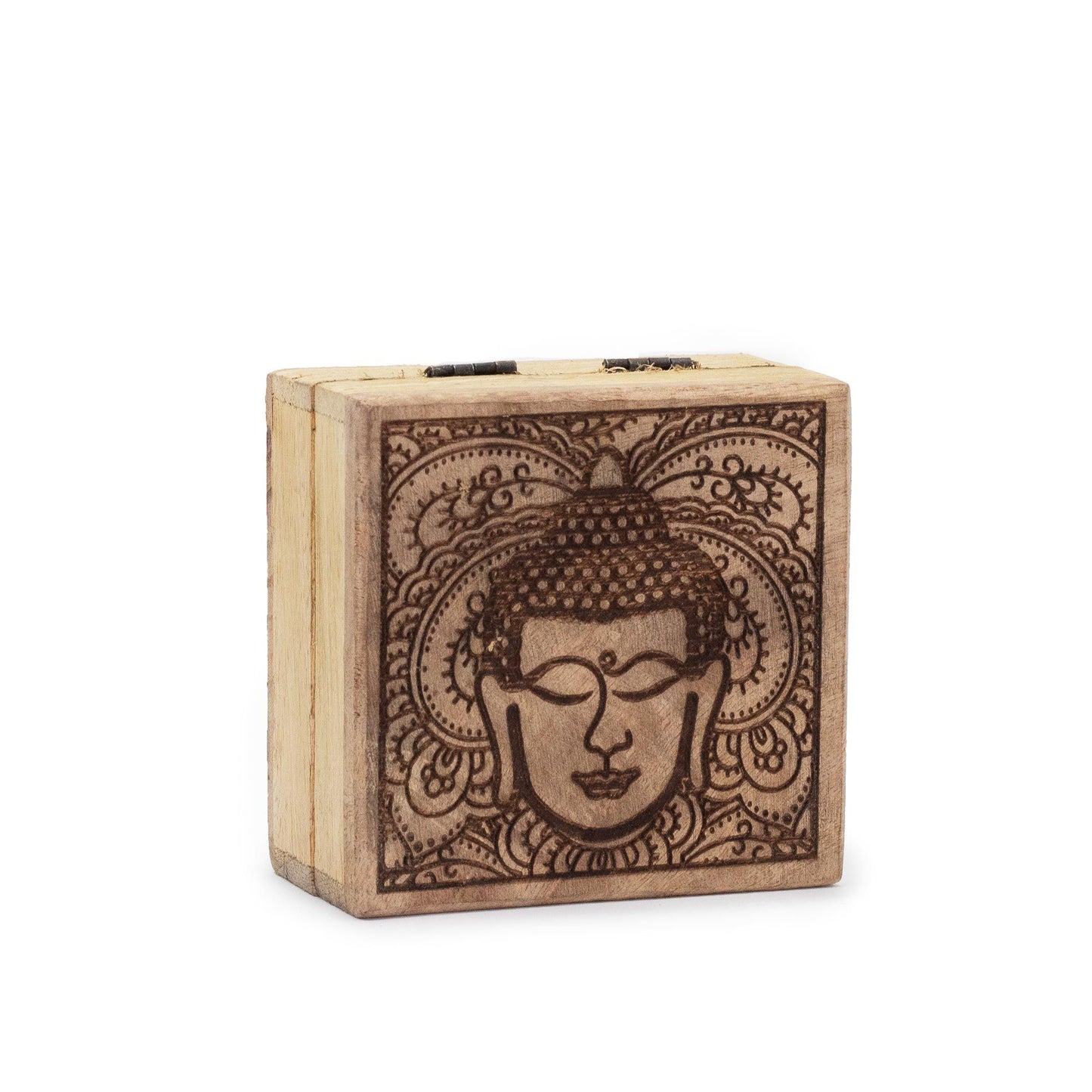 Small square black wooden box featuring an intricate engraved Buddha face design on the lid.