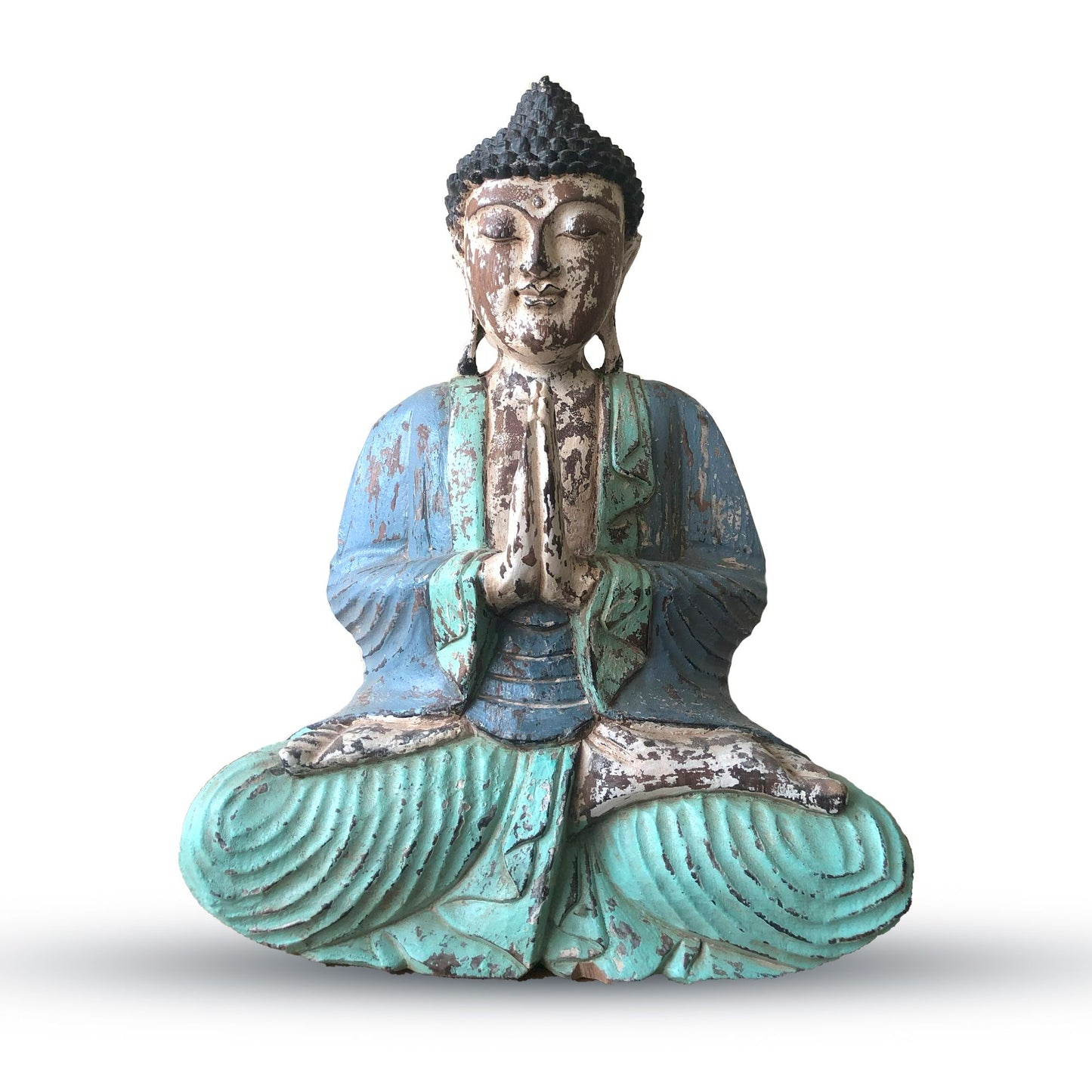 Hand-carved 40cm vintage Buddha statue in a soft blue-mint finish depicting the welcome mudra.