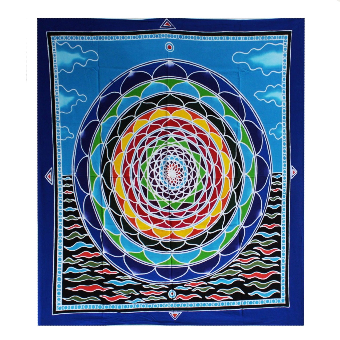 Large batik wall hanging featuring an intricate mandala design in vibrant colours on a soft fabric background.