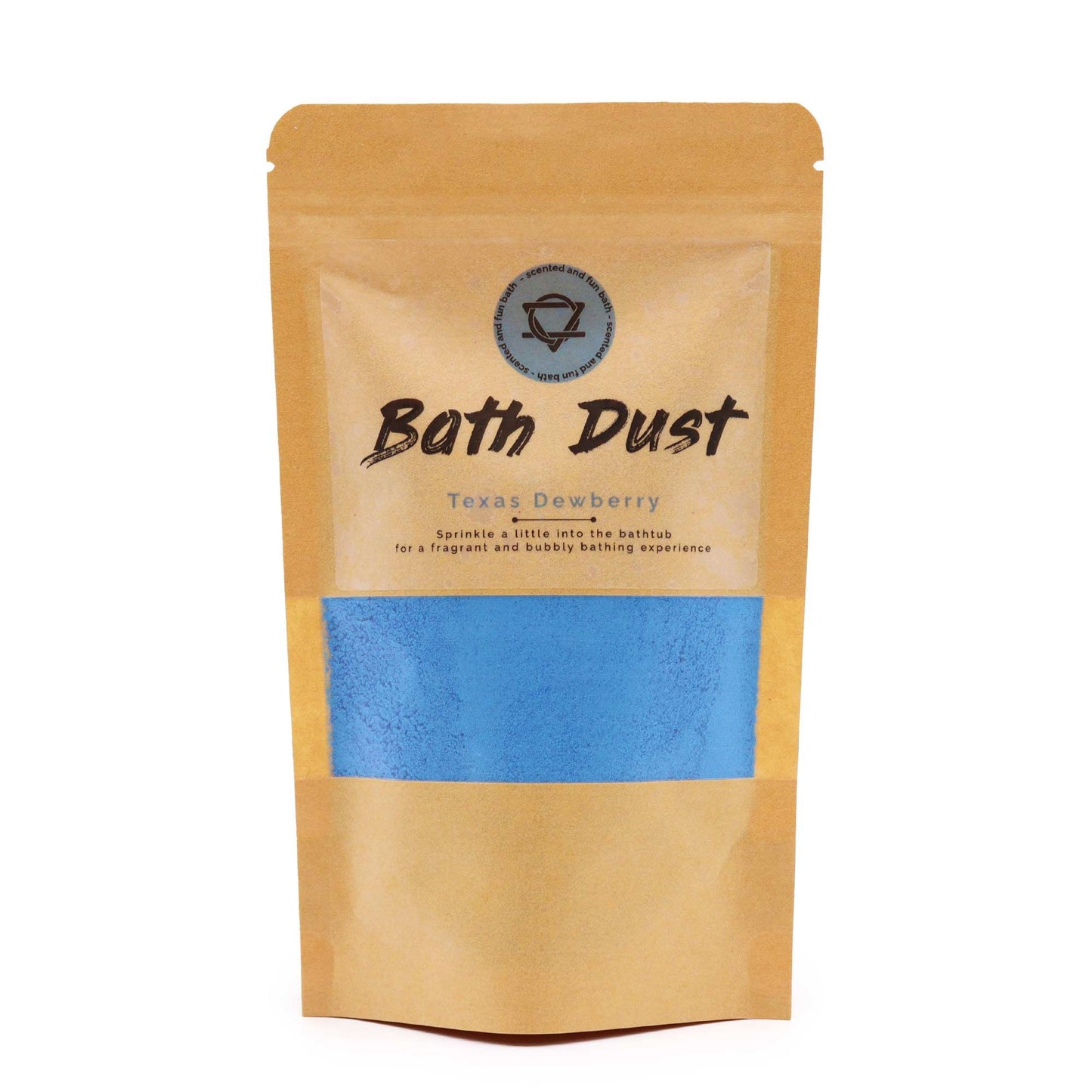 Sparkling purple and pink textured bath dust in a clear bag, showing a fine crystalline powder for a relaxing soak.