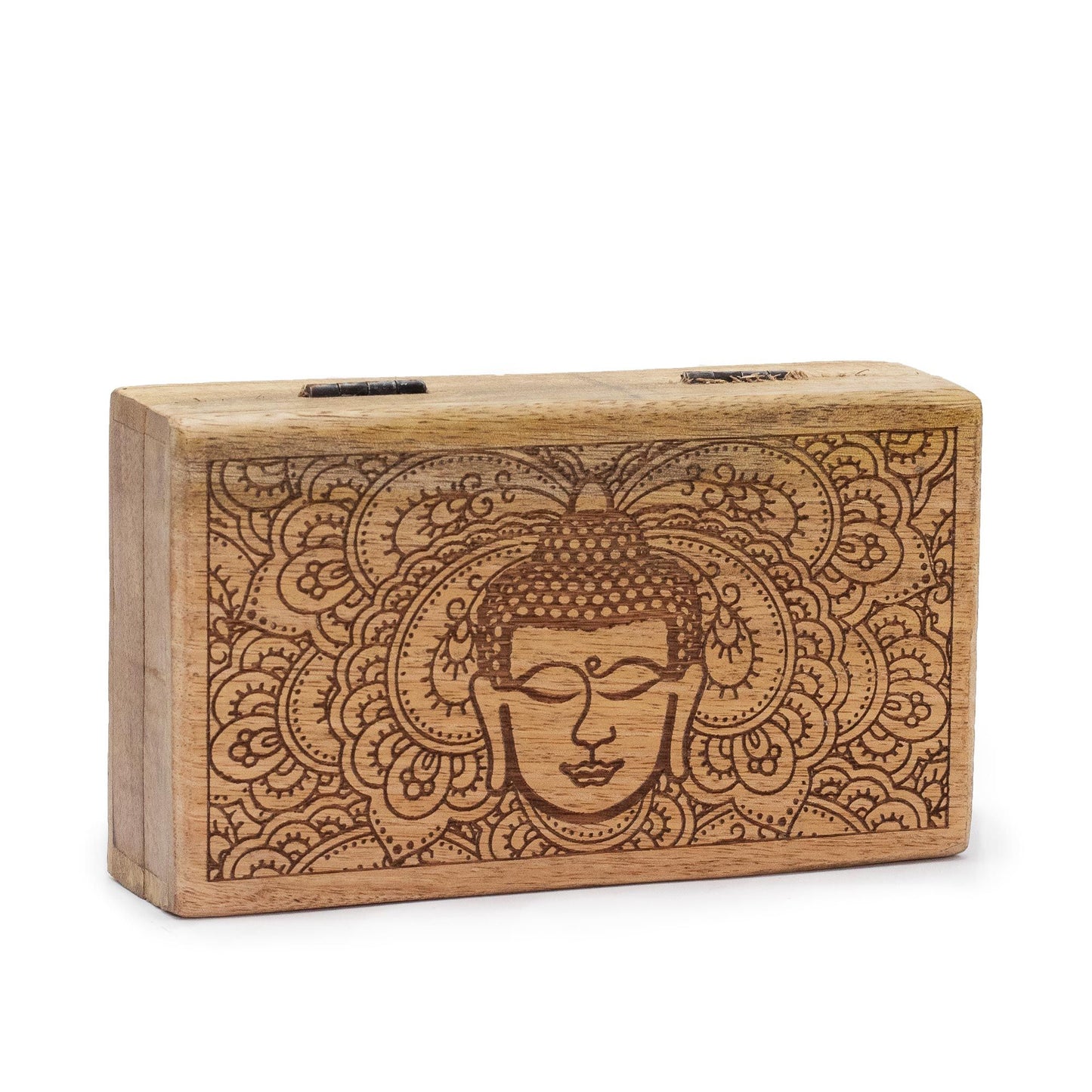 Square black wooden box featuring an intricate engraved Buddha face design on the lid.