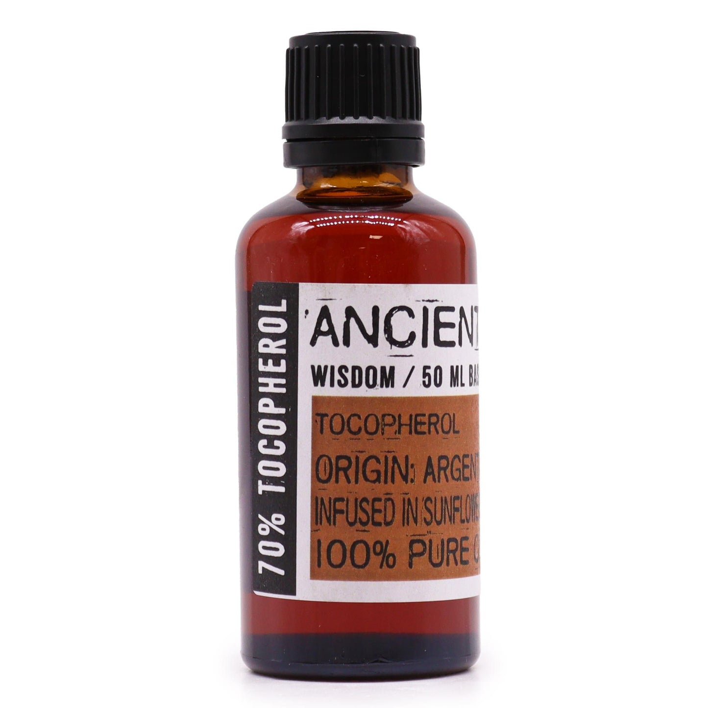 A 50ml amber glass bottle of Tocopherol Vitamin E base oil for aromatherapy and skincare.