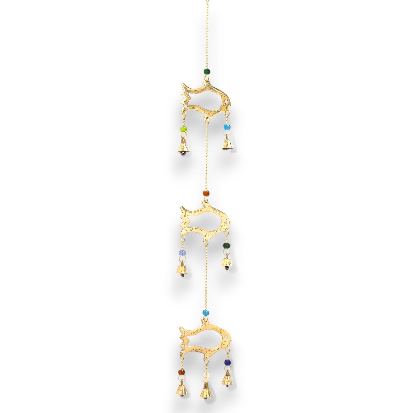 Handcrafted Indian chime with three brass fish shapes, vibrant colourful beads, and seven small brass bells.