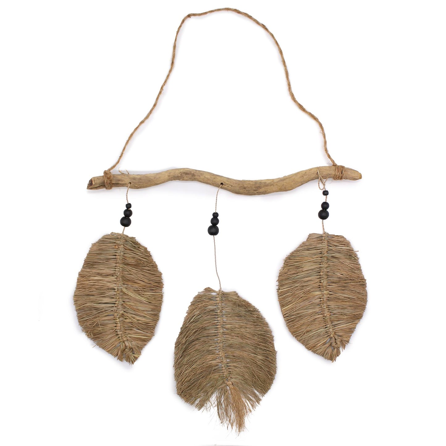 A set of three handcrafted raffia leaves in a natural finish, displayed as decorative wall art.