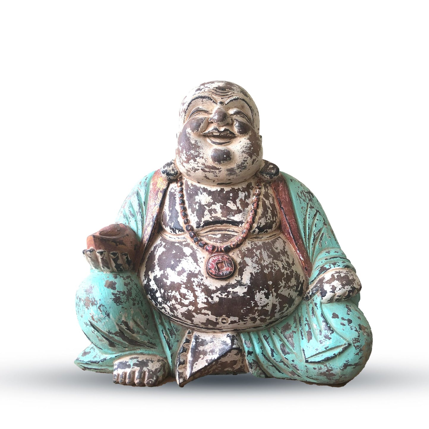 Large hand-carved wooden Happy Buddha statue with a vintage mint green finish and a joyful expression.
