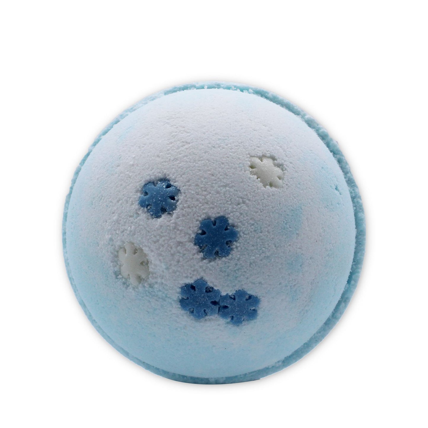A white snowflake-shaped bath bomb with blue details on a simple background.