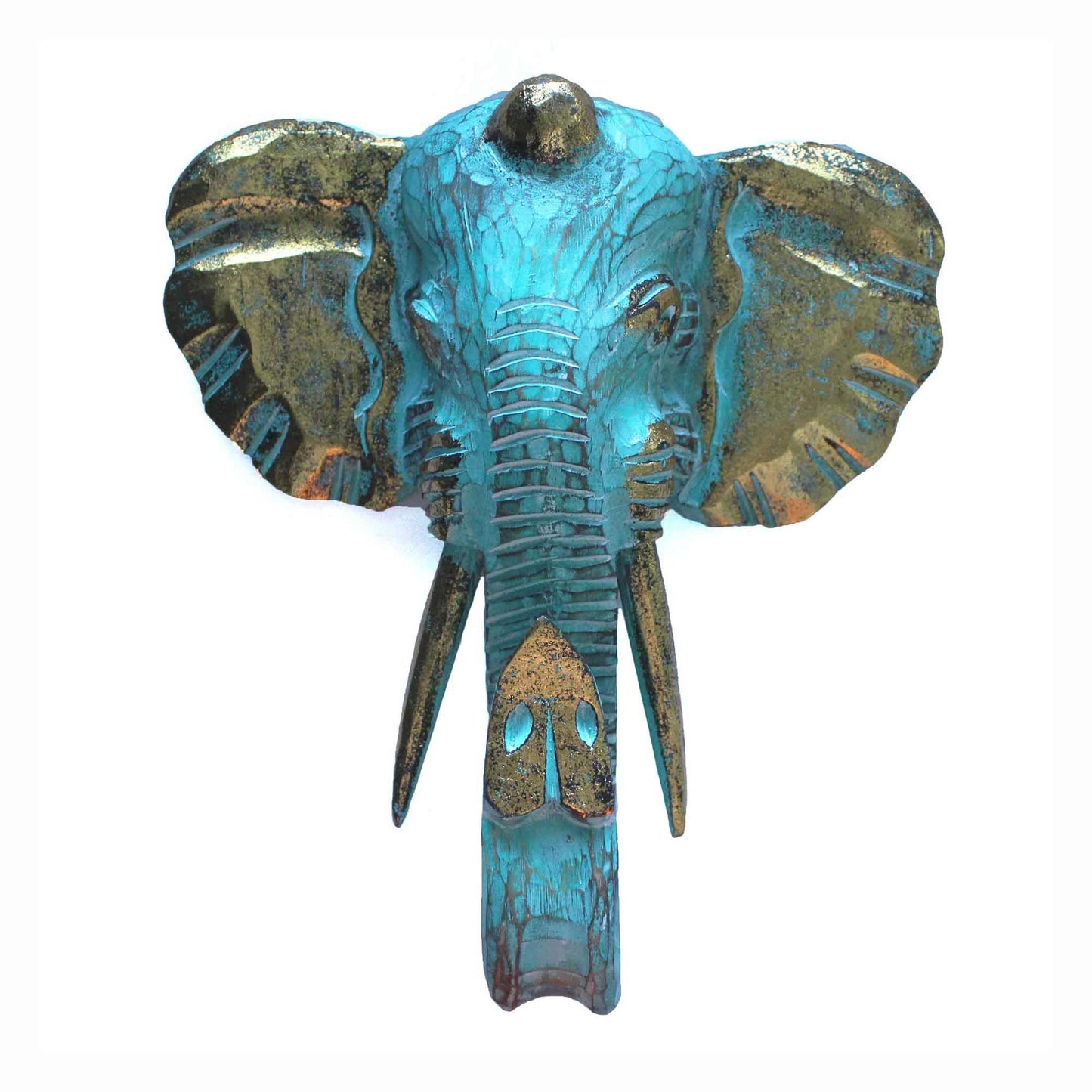 Intricately carved wooden elephant head with a vibrant turquoise and gold finish, showcasing artisan craftsmanship.
