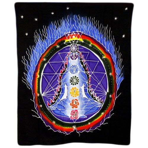 Large colourful batik wall hanging depicting the seven chakras on a dark background with intricate wax-resist patterns.