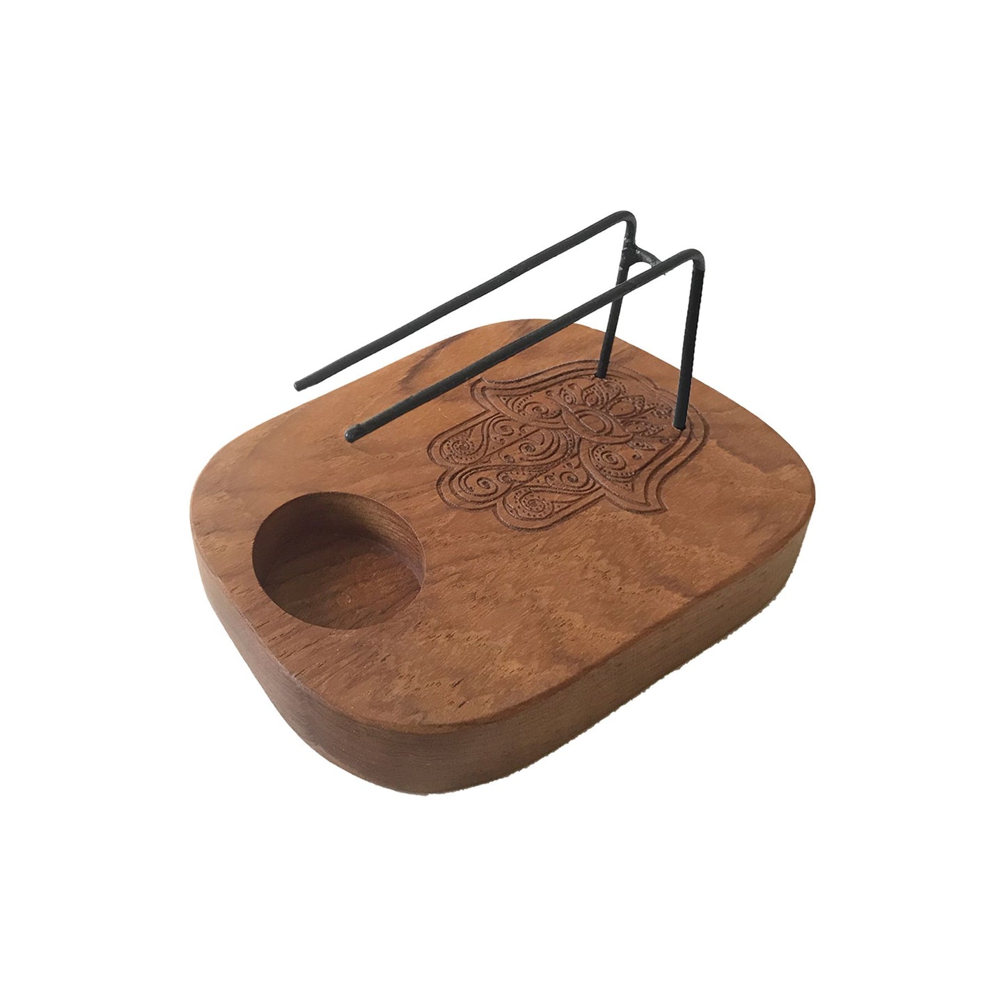 Carved teak wood Palo Santo heater featuring a symbolic Hamsa hand design for spiritual incense burning.