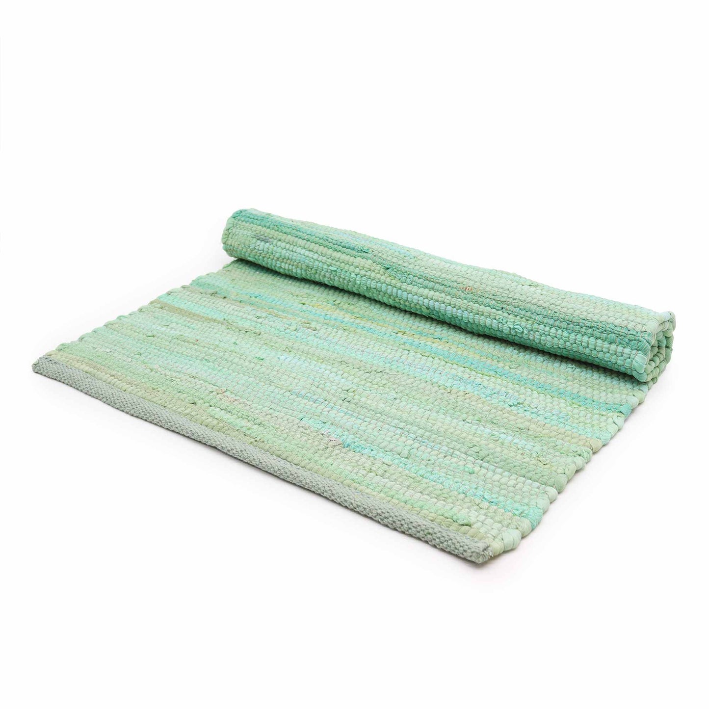 Handwoven aqua blue cotton rug with a traditional Indian handloom texture and clean fringed edges.