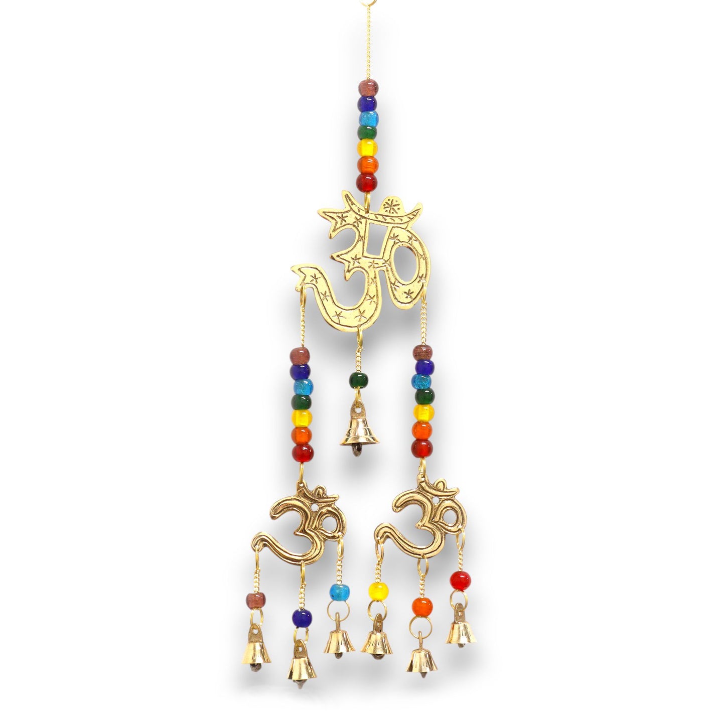 Decorative brass wind chime featuring a central Om symbol, colourful chakra beads, and seven hanging bells.