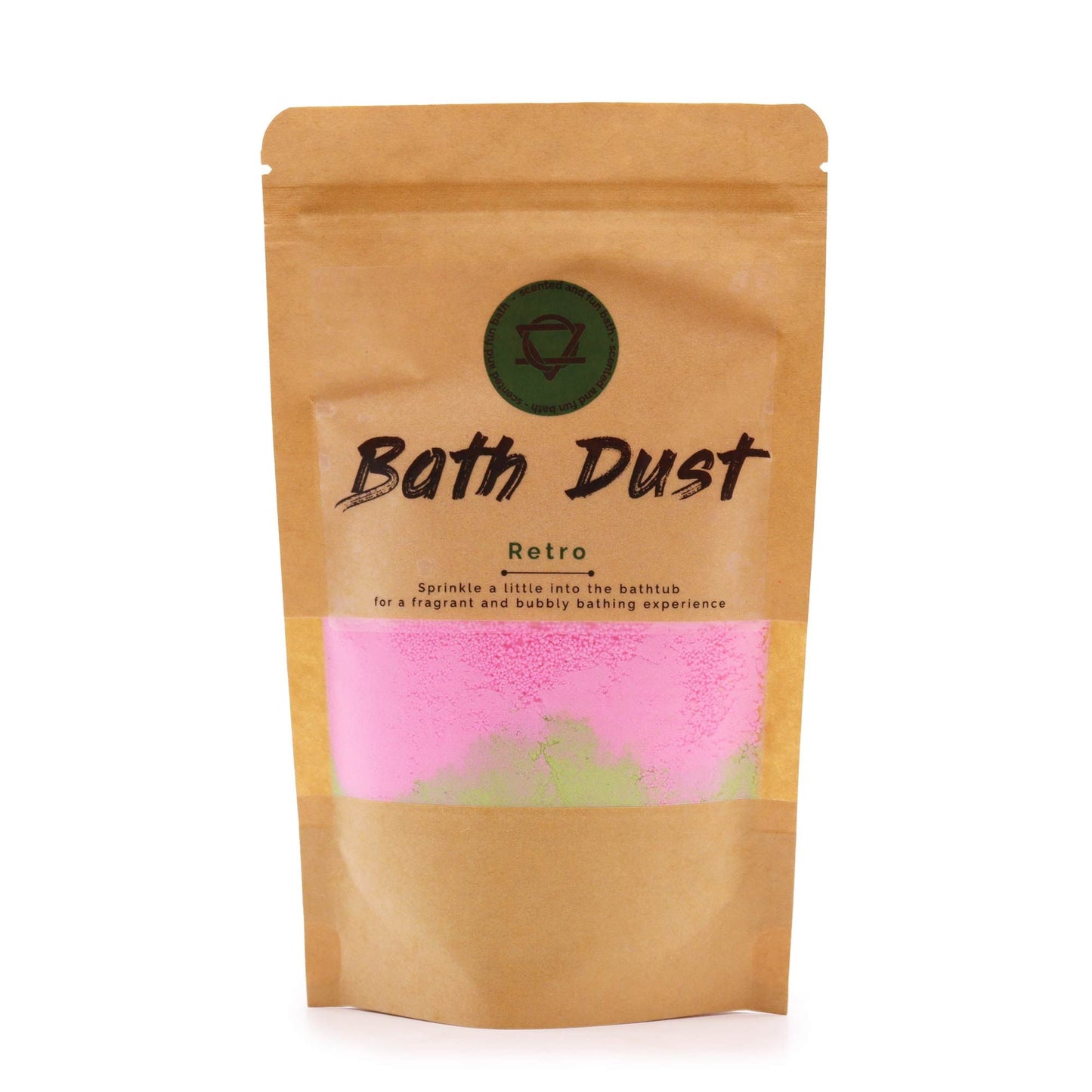 Colourful and fizzy retro bath dust in a clear packet for a relaxing spa-like experience at home.