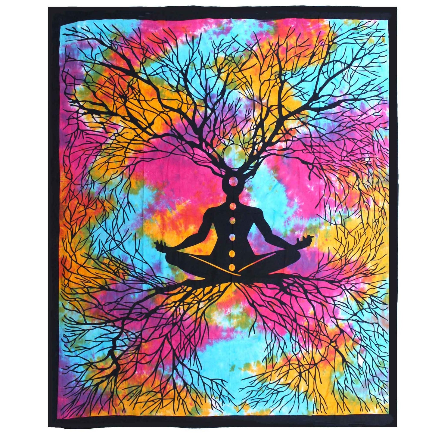 Large cotton bedspread featuring an intricate yoga tree design with sprawling branches and spiritual symbols.