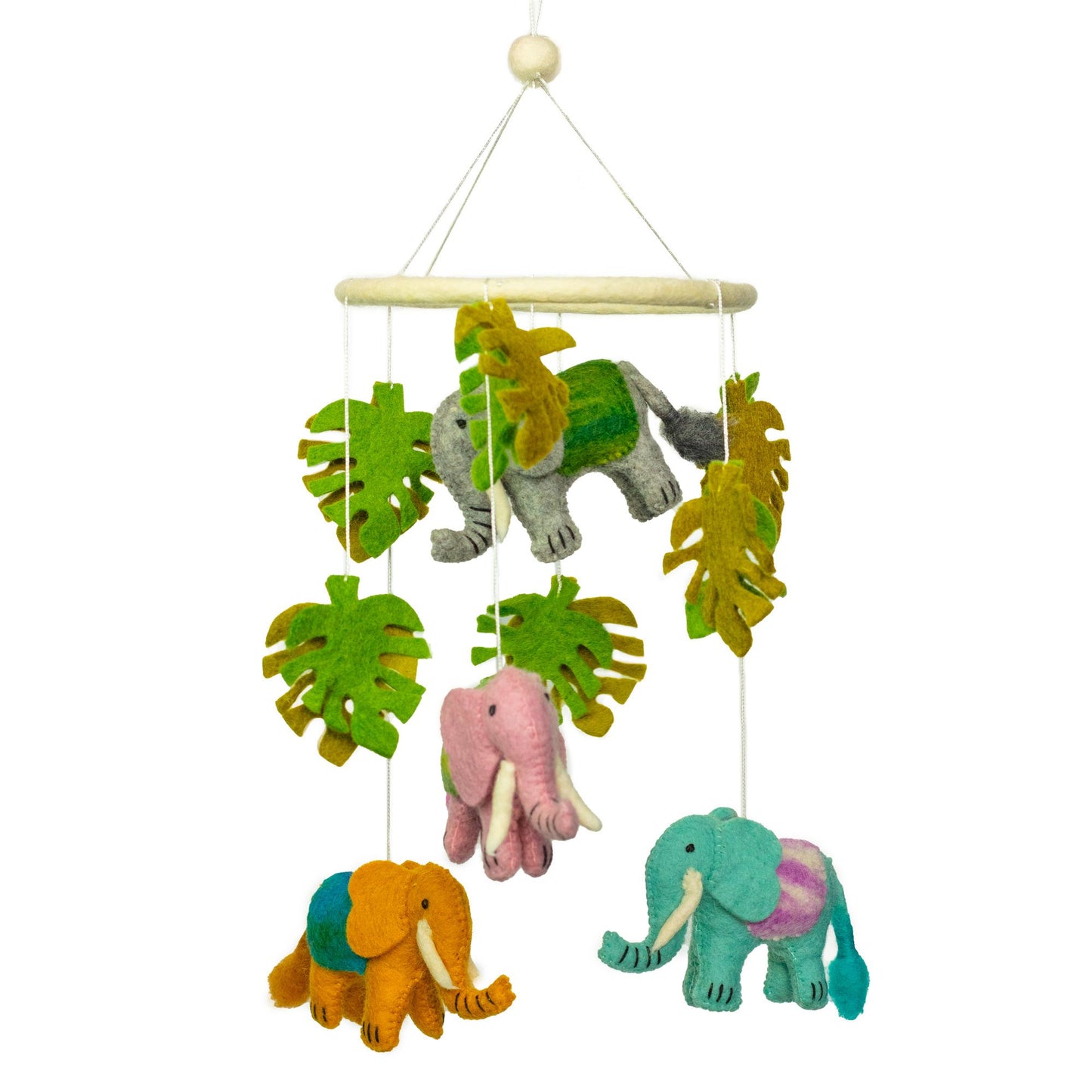 Handmade felt nursery mobile featuring soft grey hanging elephants and colourful decorative accents.