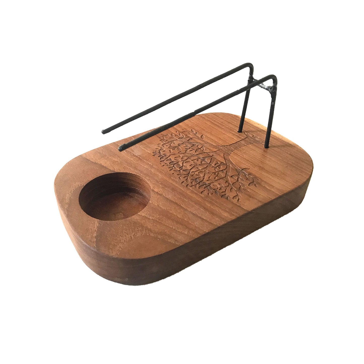 Handcrafted teak wood Palo Santo heater featuring a detailed Tree of Life carved design.