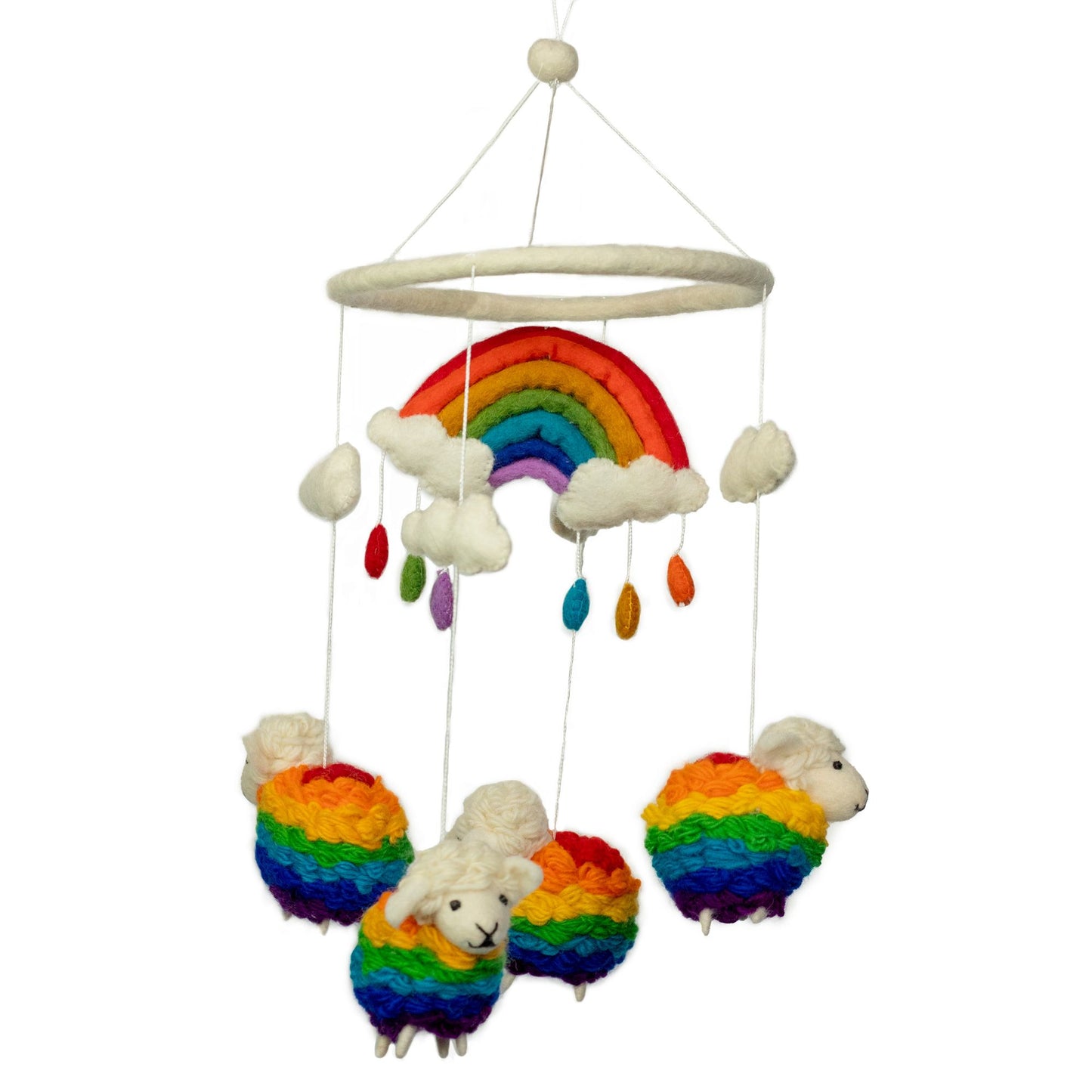 Handmade felt nursery mobile featuring fluffy white sheep with vibrant rainbow-coloured wool accents hanging from a frame.