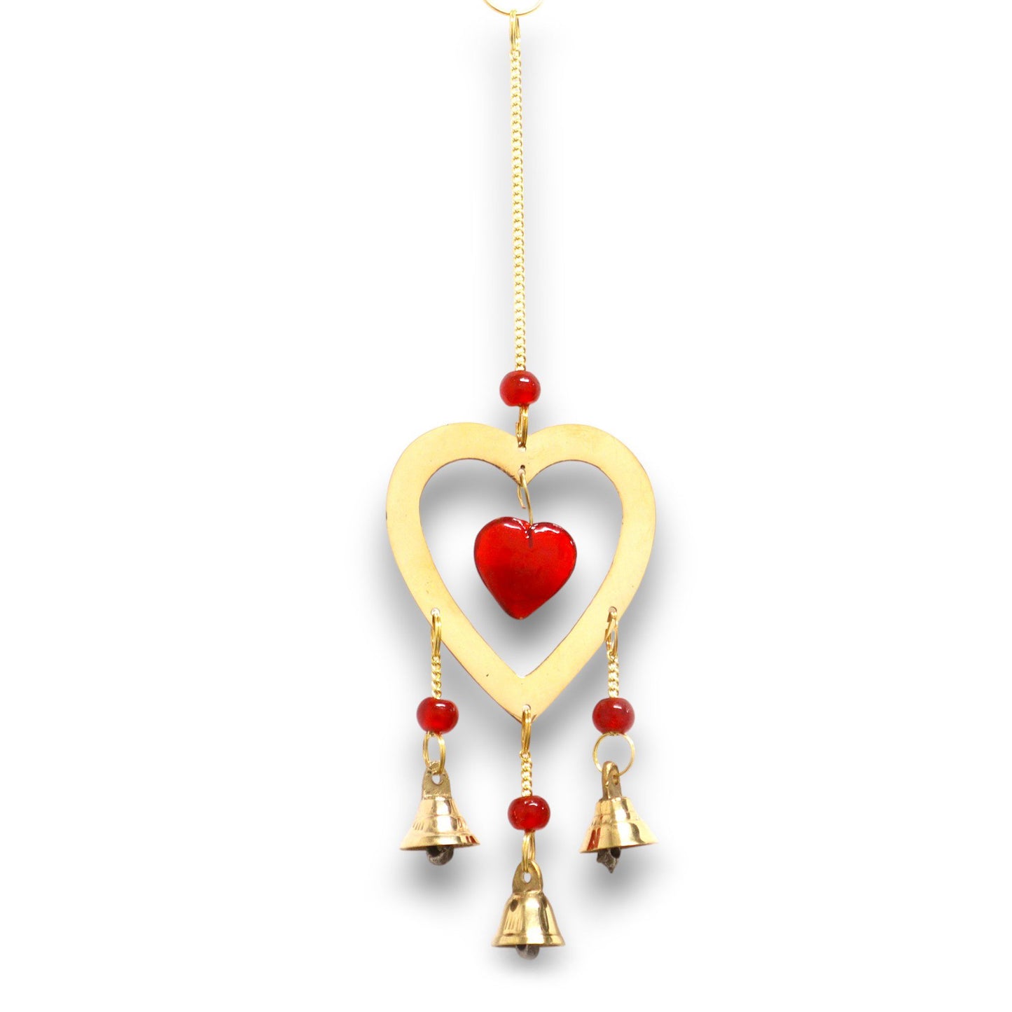 Delicate brass Indian chimes featuring three bells and deep red heart-shaped glass beads hanging in a row.