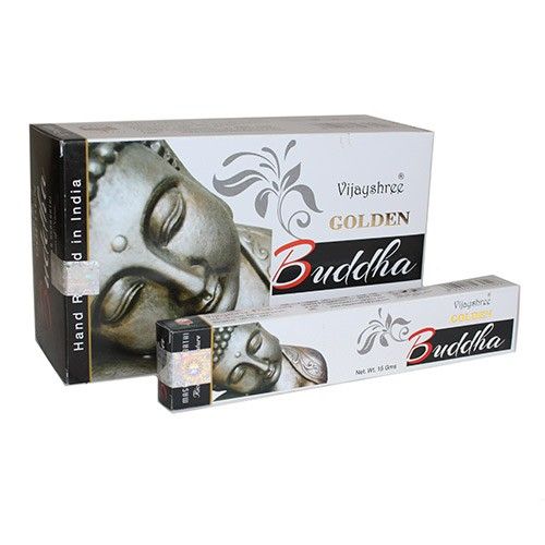 Box of Golden Buddha Nagchampa incense sticks with a spiritual gold design and traditional aesthetic.