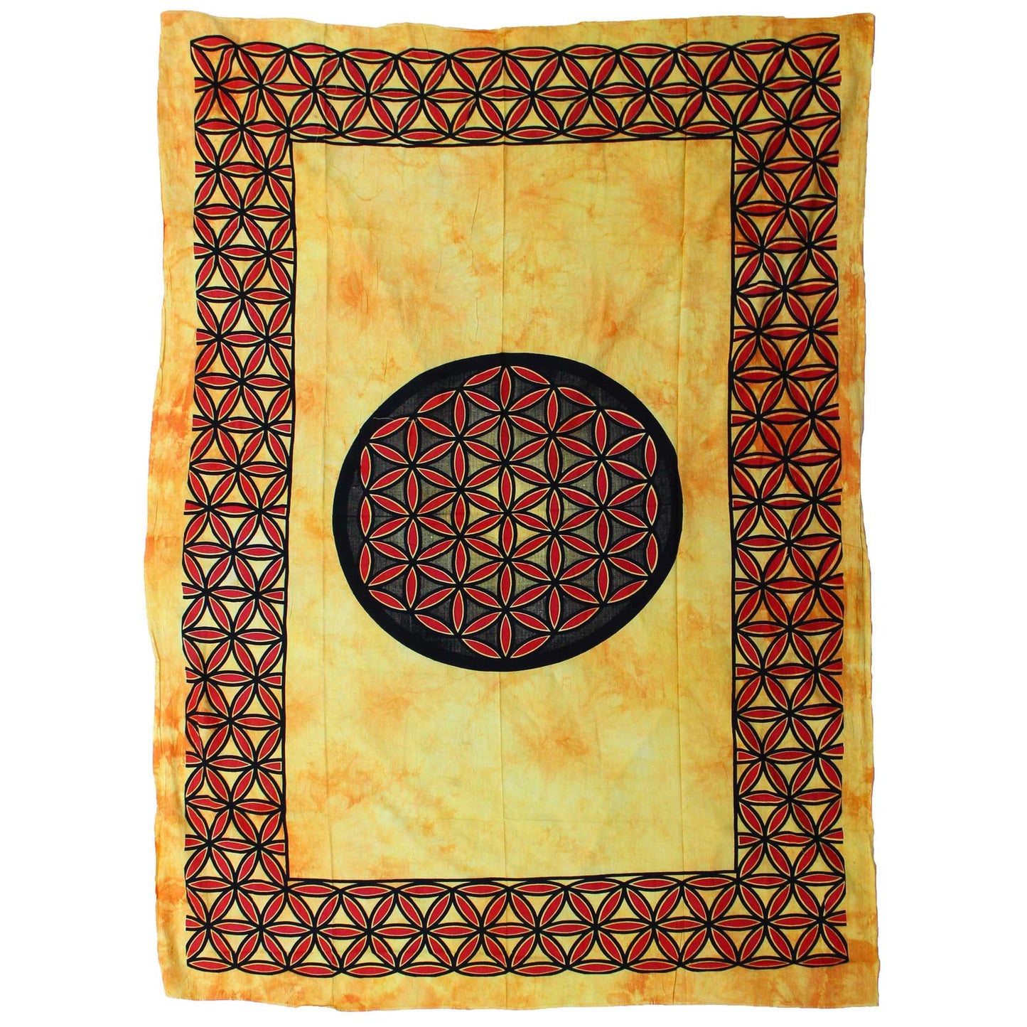 Vibrant orange cotton bedspread featuring a large white Flower of Life geometric pattern in the centre.