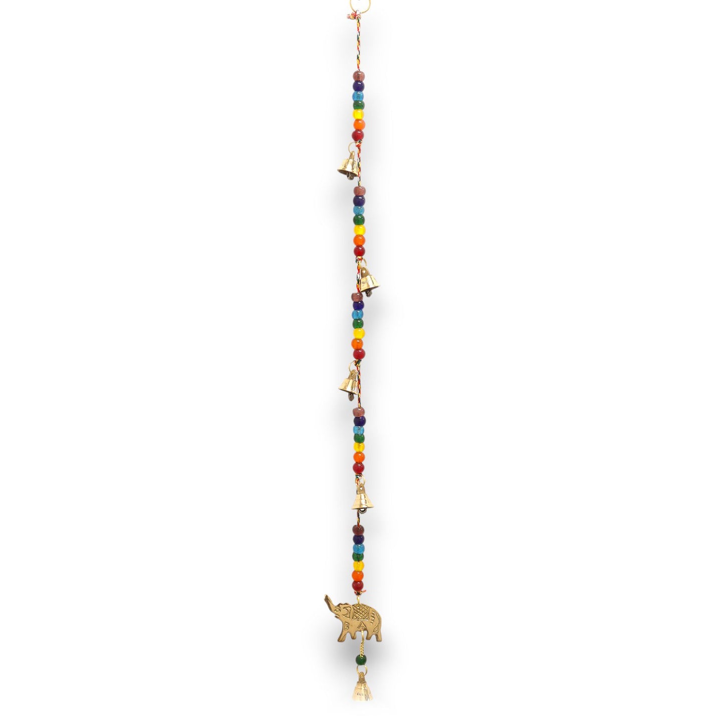 Brass elephant wind chime with vibrant multi-coloured chakra beads and small traditional metal bells on a string.