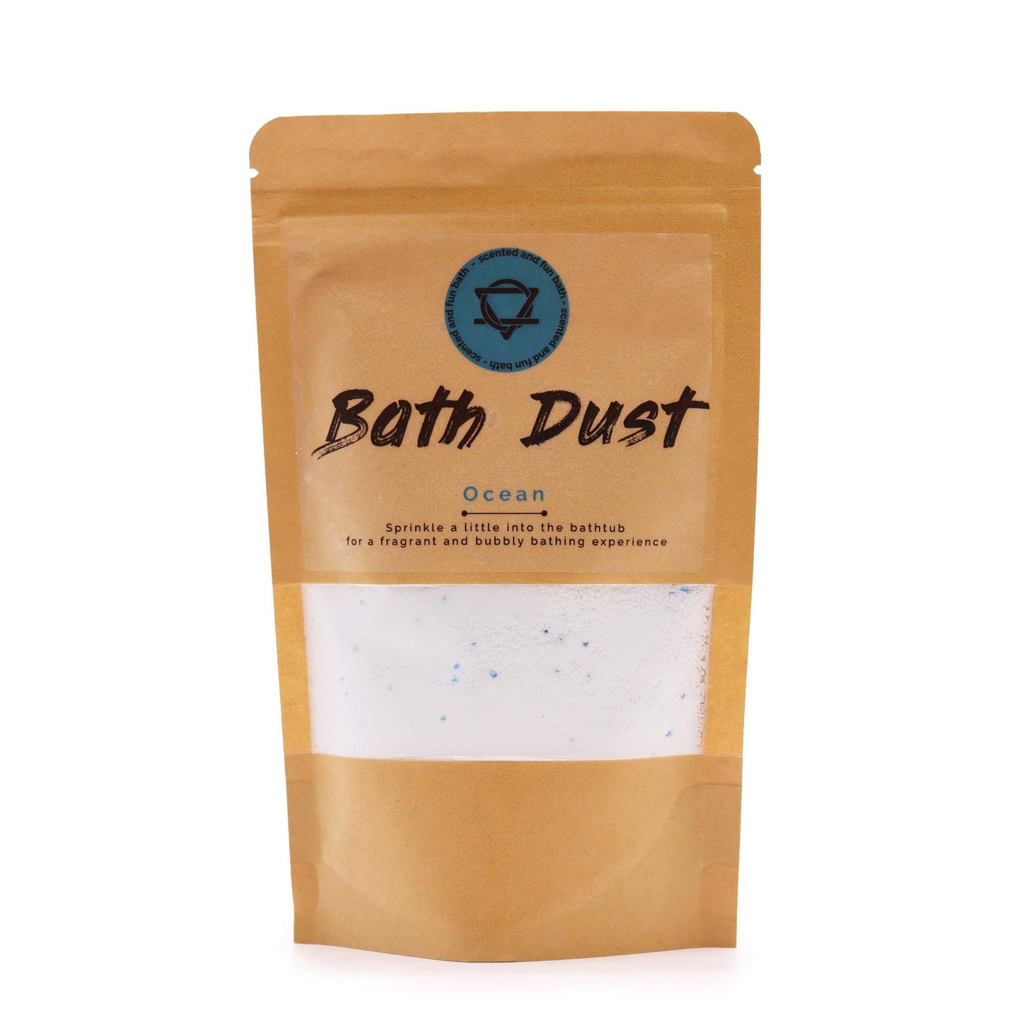 Sparkling blue and white bath dust in a clear bag, perfect for a refreshing and aromatic bathing experience.