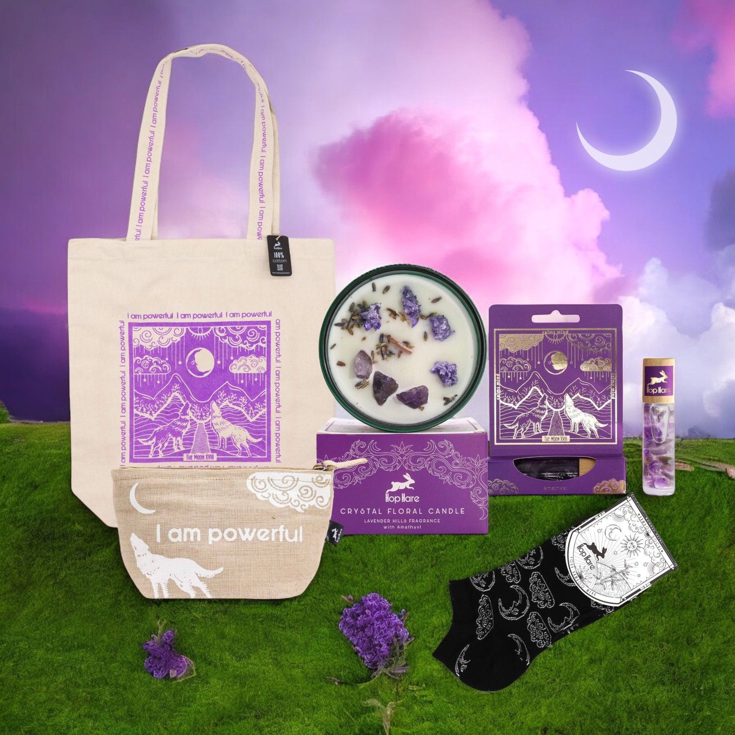 Curated spiritual wellness gift set featuring a crystal-infused candle and mystical themed self-care essentials.