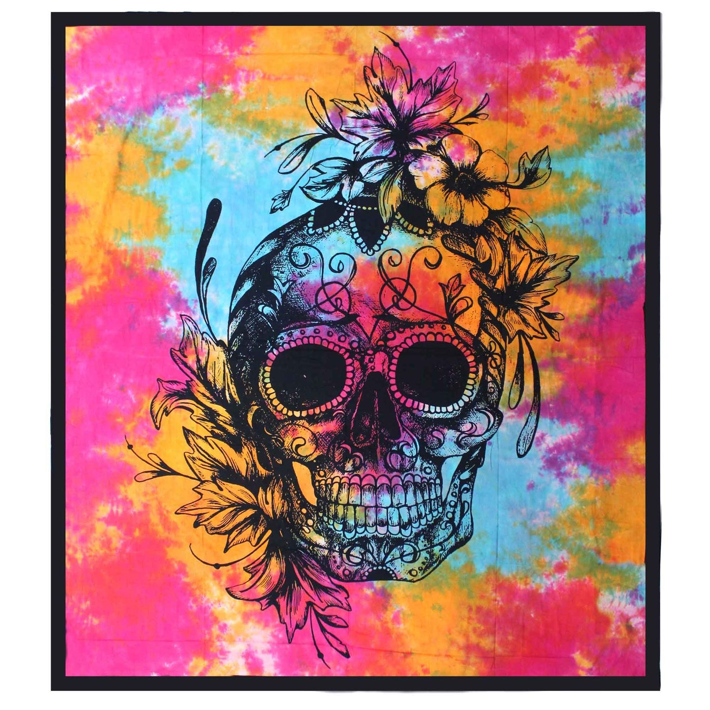 Large double cotton bedspread featuring a central brightly coloured Day of the Dead sugar skull design on a dark background.