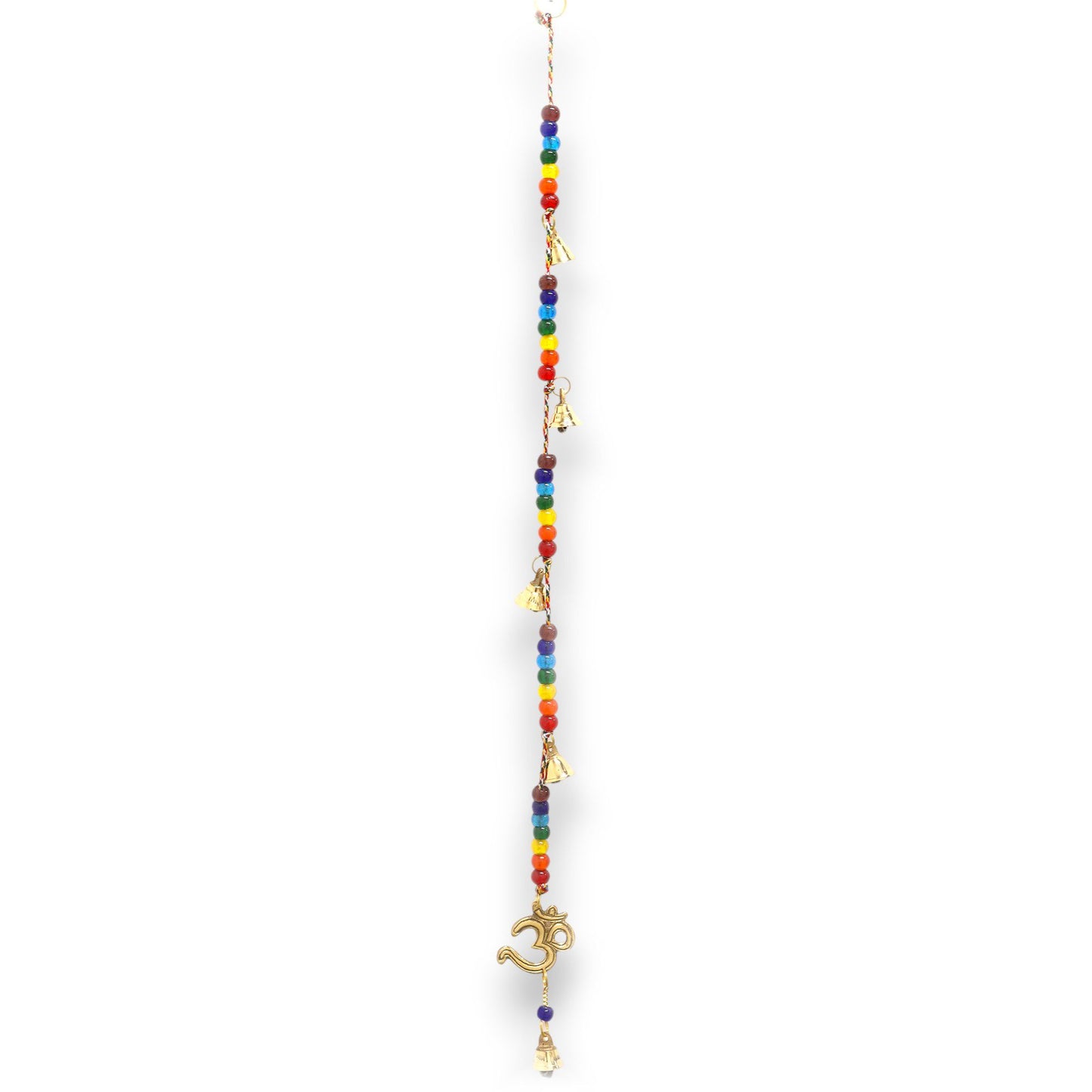Brass OM symbol hanging chime with colourful chakra beads and small bells on a decorative string.