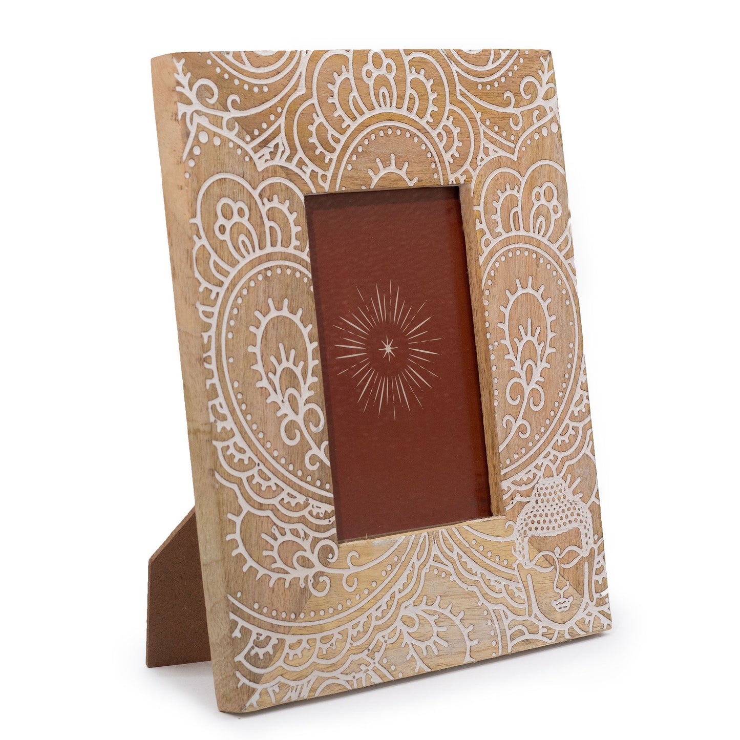 Hand-carved white mango wood picture frame featuring a serene Buddha design, suitable for 10x15cm photos.