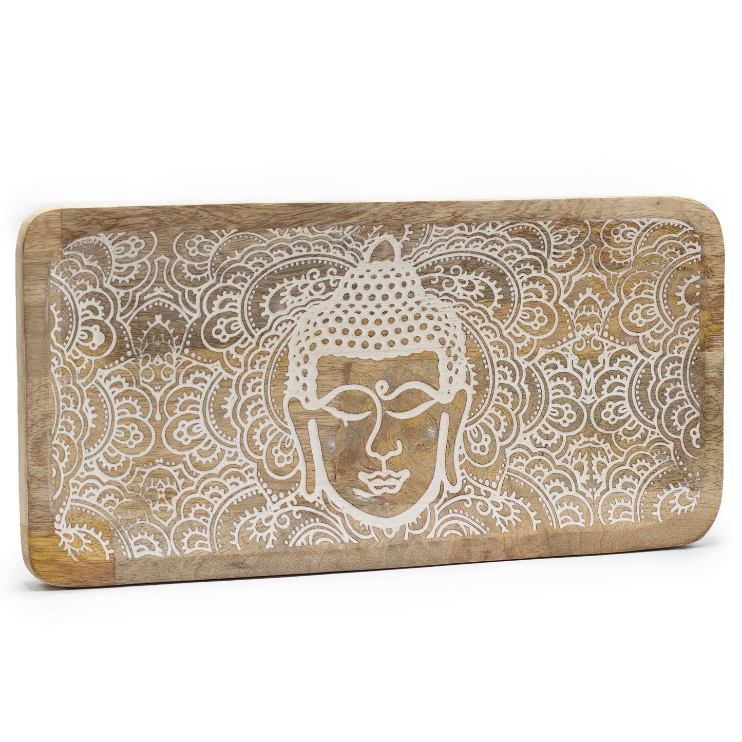 Handcrafted long wooden tray with a whitewash finish featuring a serene carved Buddha face design.