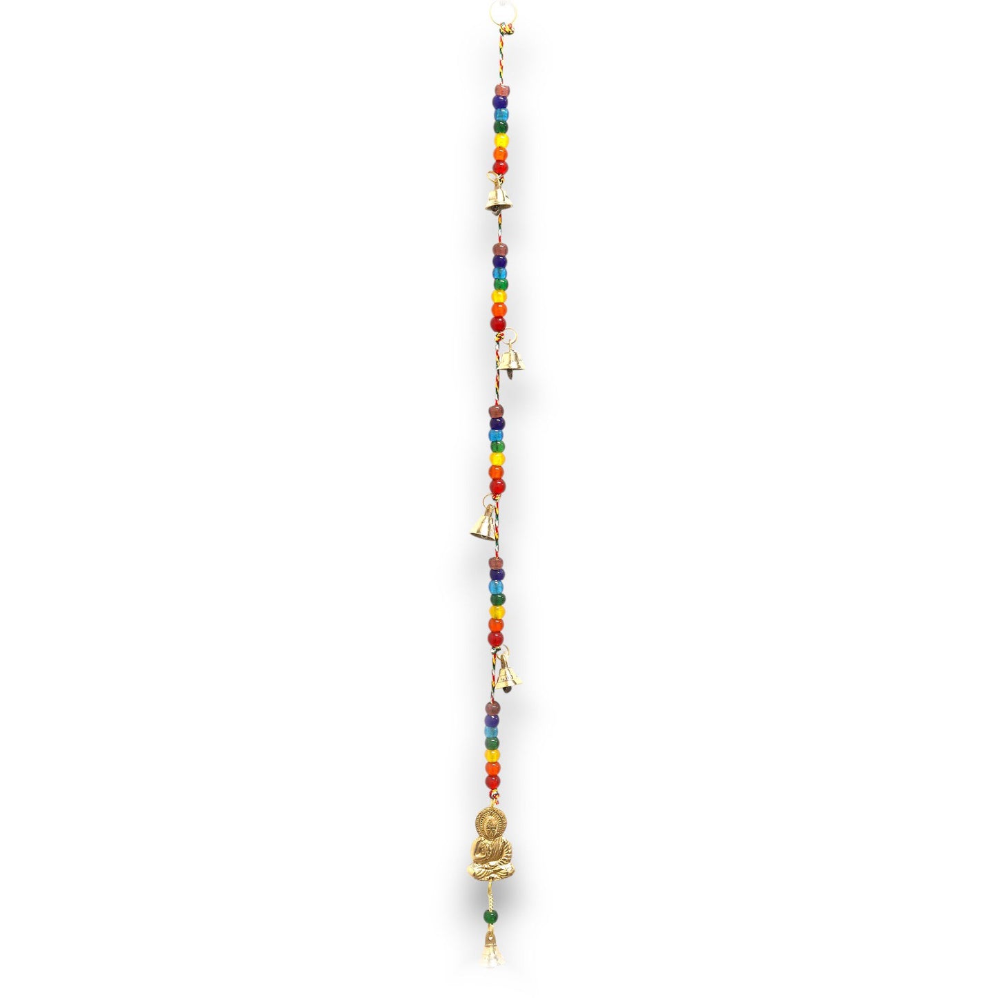 Handcrafted Indian chimes with a brass Buddha charm, colourful chakra beads, and traditional string bells.