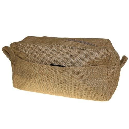 A sustainable natural jute toiletry bag with a minimalist design and a secure top zip.