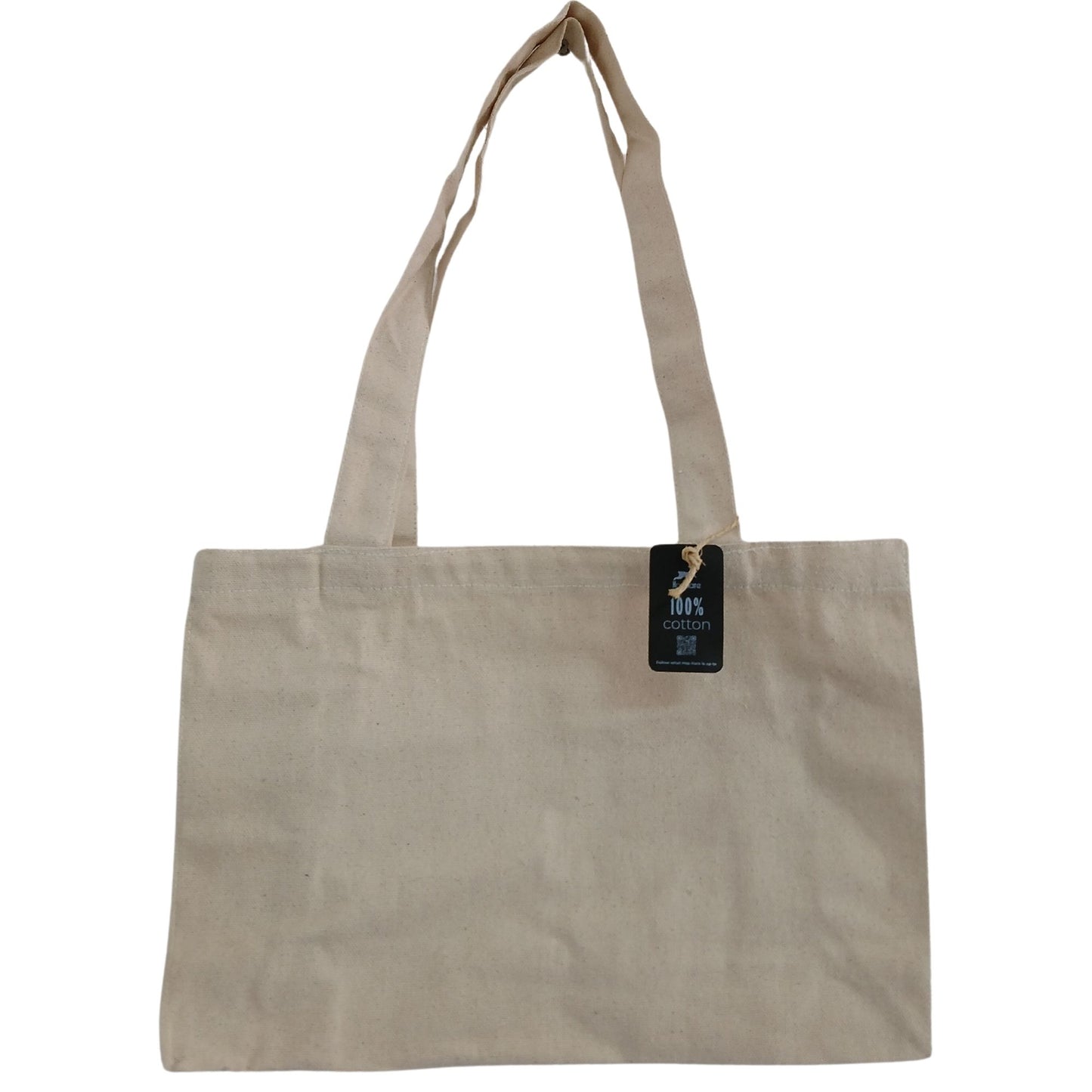 Simple and durable natural cotton tote bag with sturdy handles on a plain background.