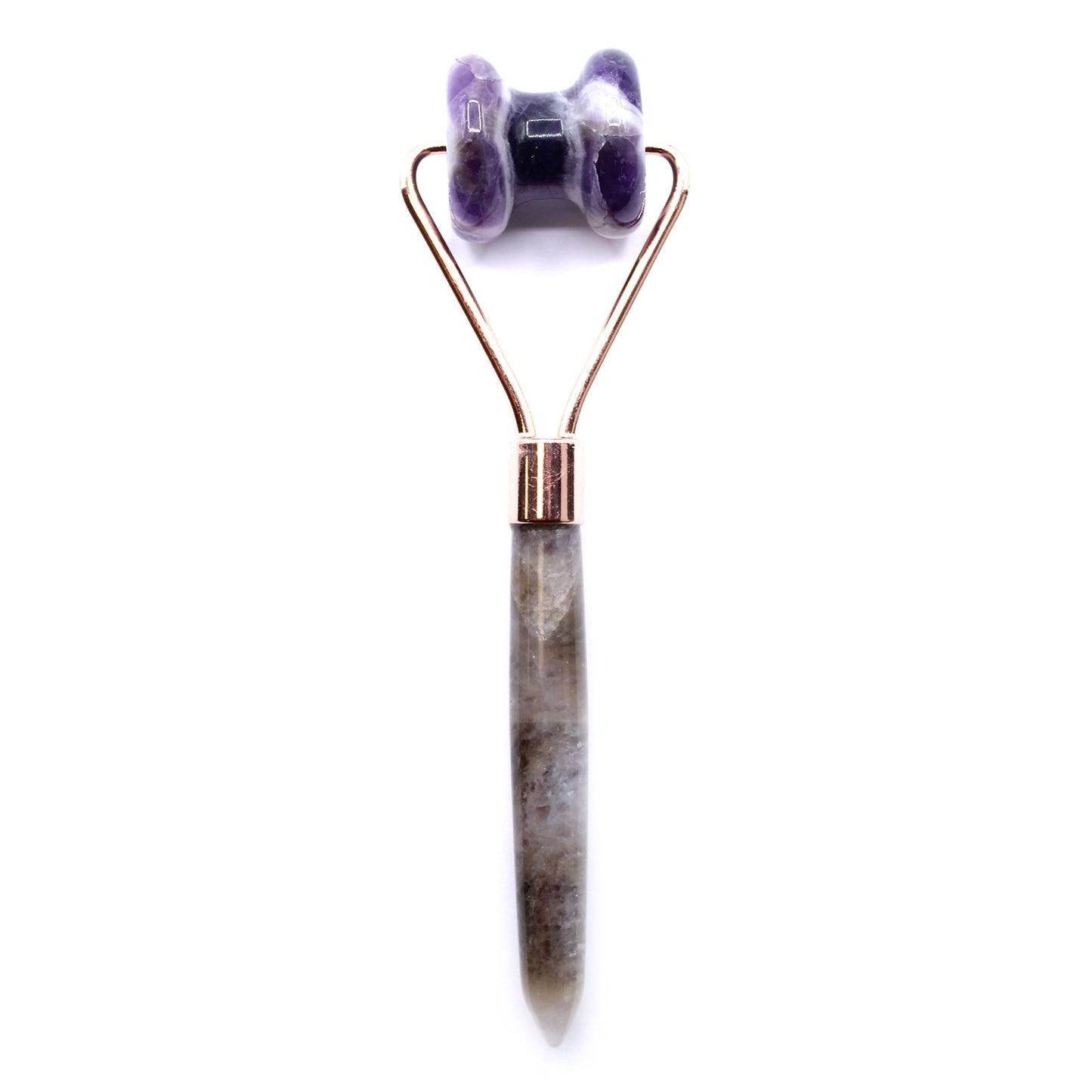 Purple amethyst gemstone facial roller with a smooth ergonomic handle designed for jawline and facial massage.
