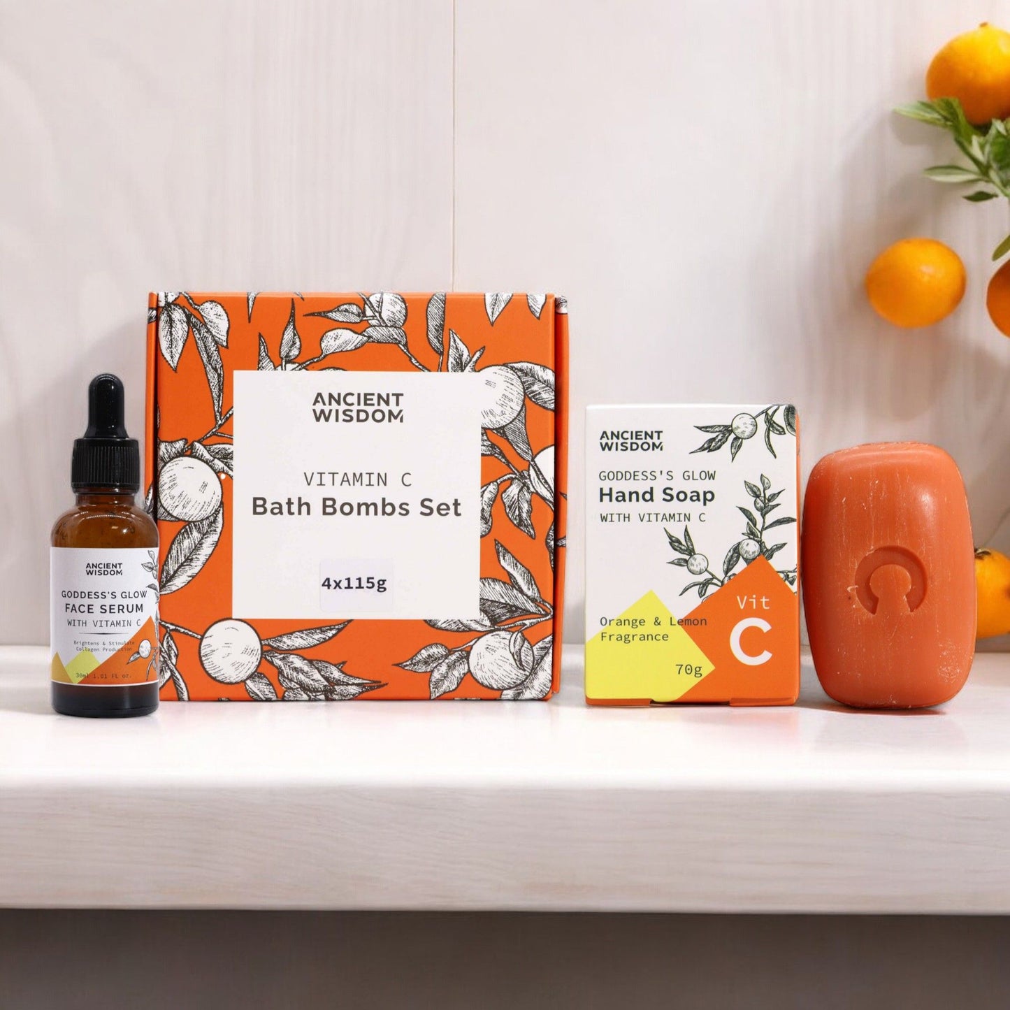 A collection of three Vitamin C infused skincare products including a facial serum for a radiant and brightened complexion.