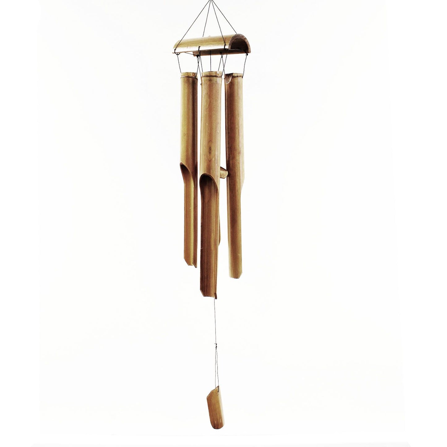 Large natural finish bamboo windchime with four long tubes hanging from a wooden canopy in a serene outdoor setting.