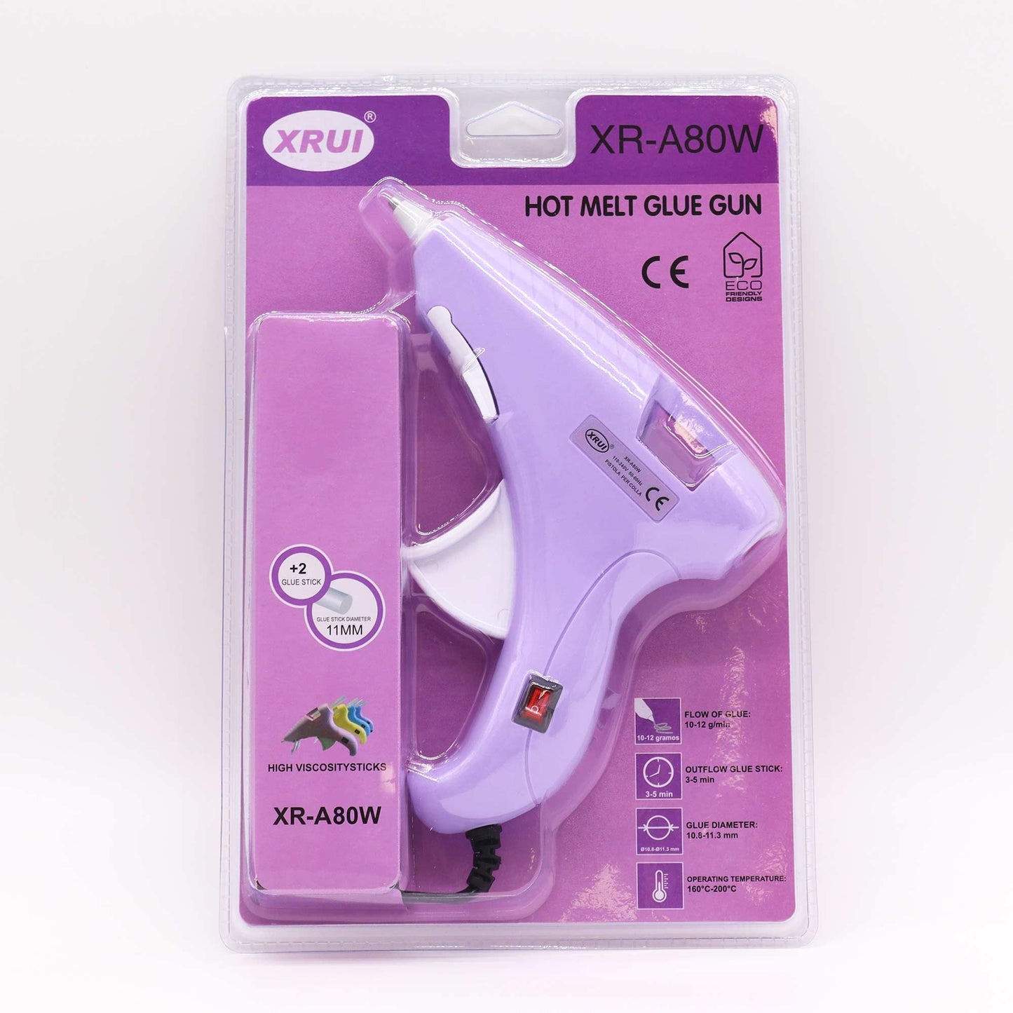 Blue and orange 80W hobby hot glue gun with a black UK power cord and a precision nozzle for 11mm glue sticks.
