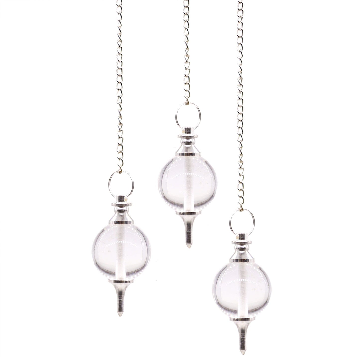 Clear rock quartz sphere pendulum attached to a silver chain with a small gemstone bead at the top.