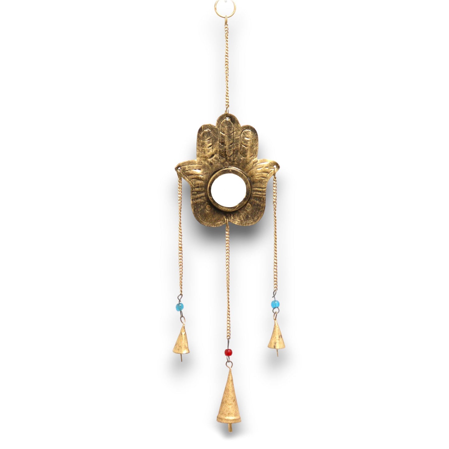 Brass Hamsa hand chime with a small central mirror, three delicate bells, and colourful bead accents.
