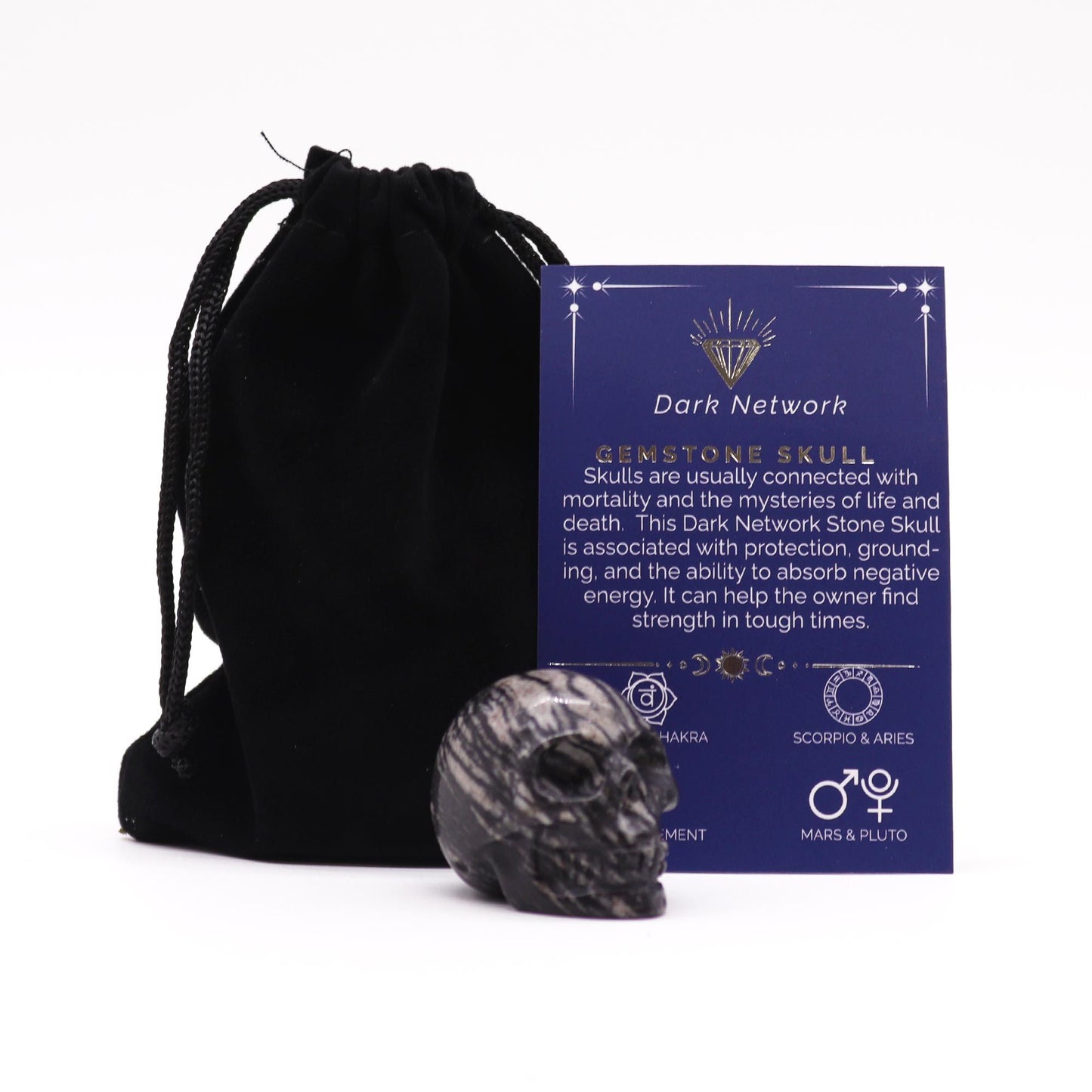 Small hand-carved gemstone skull made from dark network stone featuring intricate grey and black web-like patterns.
