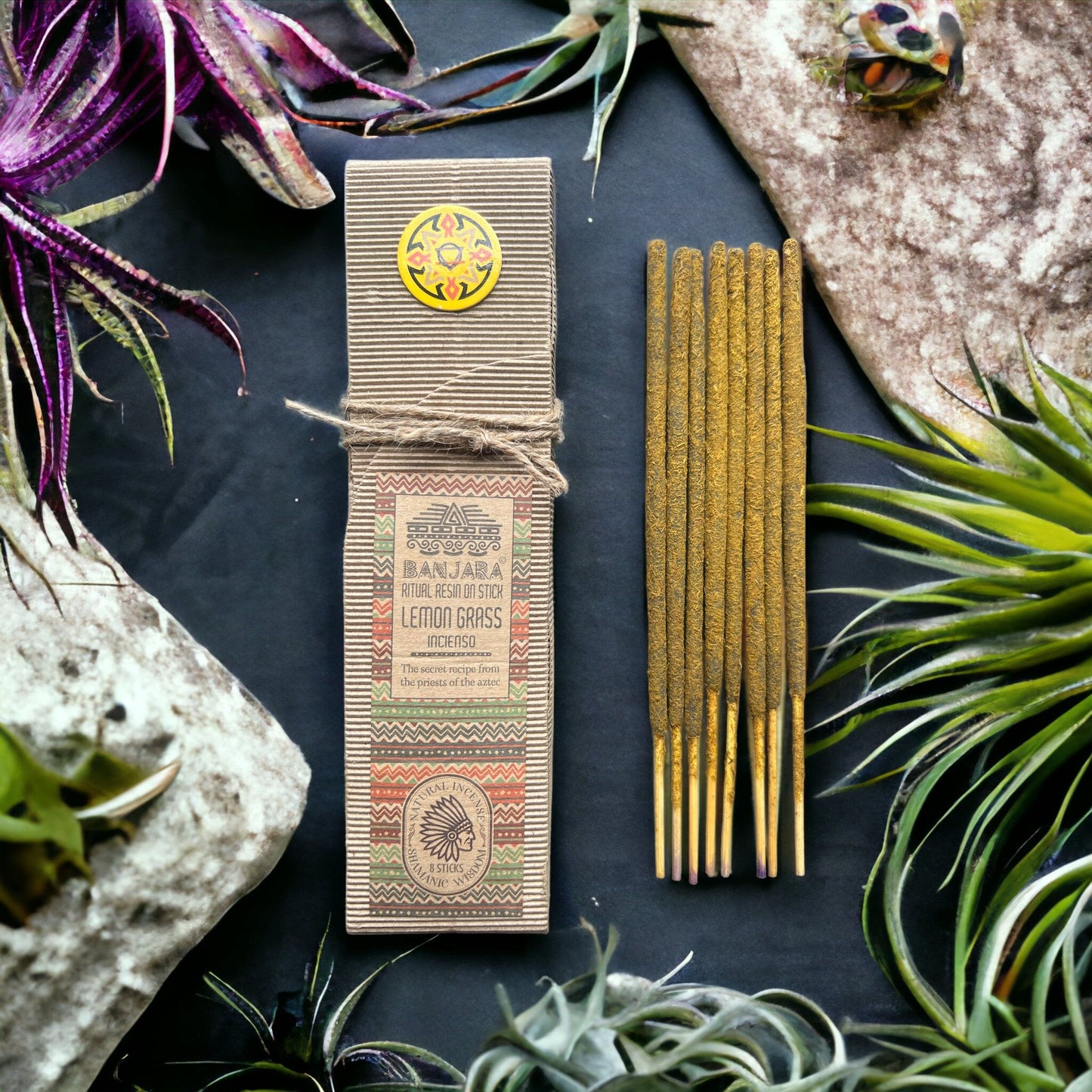 Handcrafted ritual resin incense stick with a textured natural finish, releasing a zesty lemongrass fragrance.