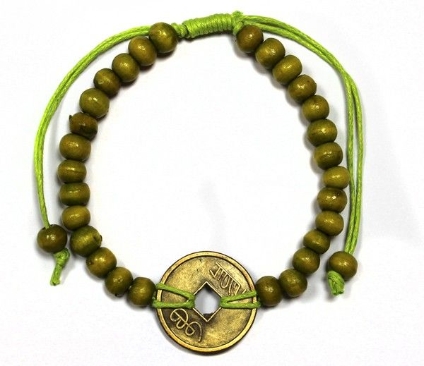 Vibrant lime green beaded bracelet featuring traditional Chinese fortune coins and natural wooden beads.
